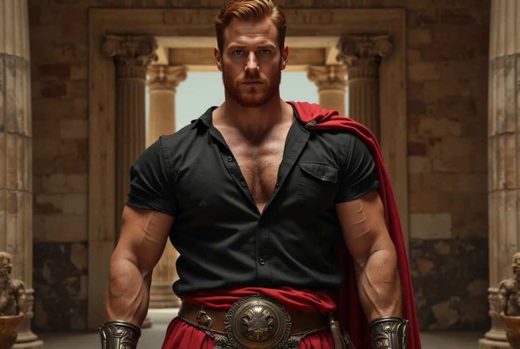 realist, (masterpiece), (photorealist:1.3), ultra detailed, (high detailed:1.2), (Best Quality:1.0), manly face, muscular, Tall Man, Red hair, chest hair, A man in royal costume, 35 years, covered in a small insulting armor, elegant, full body character sheet, big bulge in crotch, MUSCLE BODY, full body view, inside a Greek Temple, loincloth made of very fine thread, Haircut, Wonderful lighting.