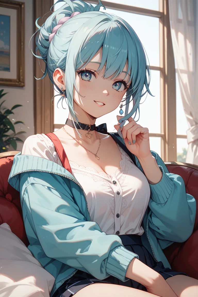 Anime Moe Art Style,highest quality,High resolution,Anatomically correct,One Girl,Mid-teens,A girl with light blue hair in a ponytail,Super detailed,Fantasy-style world,off shoulder tops,mini skirt,barefoot,Big Breasts,Laughing with your mouth open,Bright smile,A rich expression,Sitting on a large sofa with legs crossed,Eyes drawn in detail,hair ornaments,necklace,bracelet,ring,8K