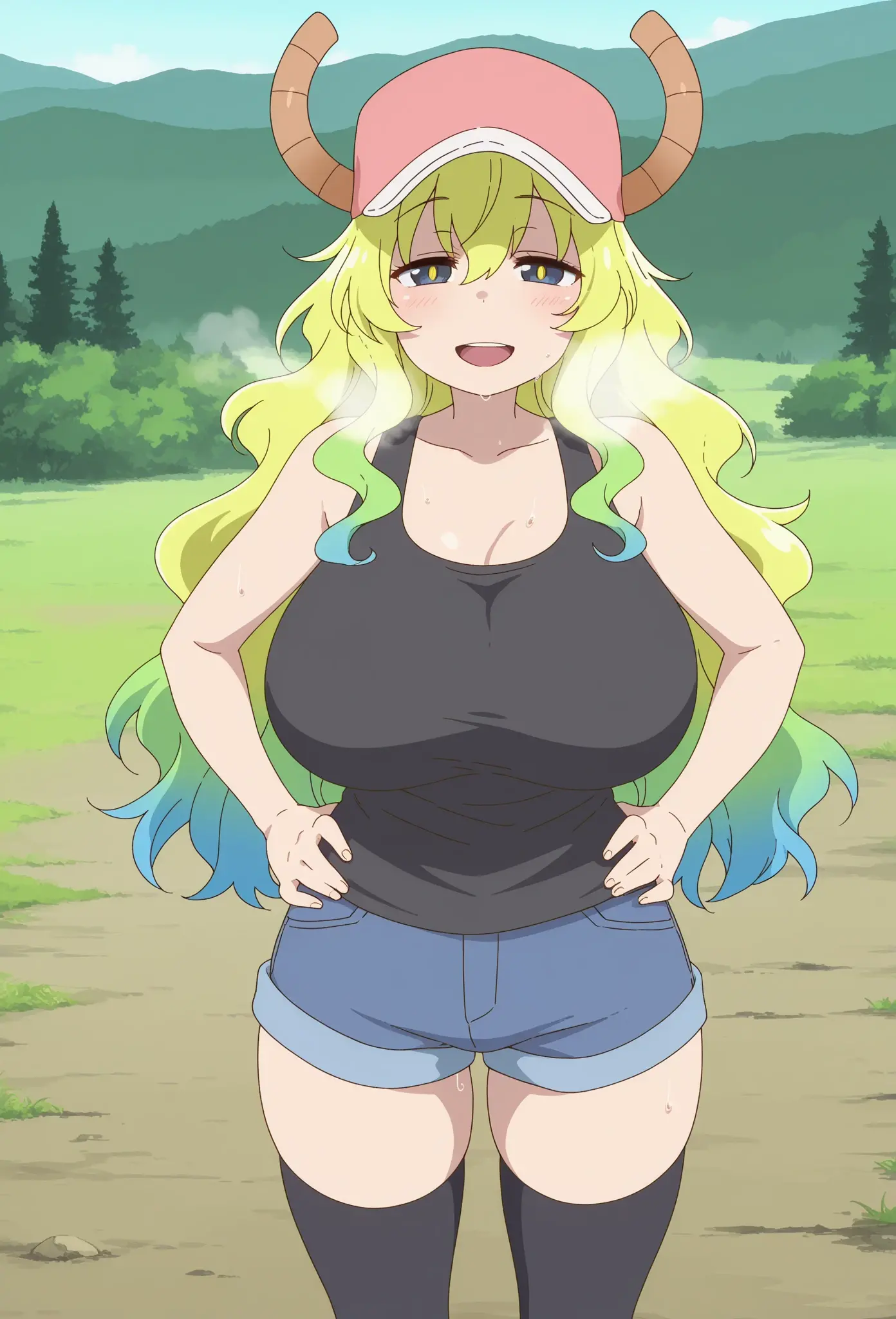 score_9, score_8_up, score_7_up, source_anime,masterpiece,best quality,highres,absurdres,official art,official style,source_anime,anime screencap,anime coloring,megami magazine,anime,animated,explicit,
shiny skin,large breasts,lucoa (maidragon), multicolored hair, blonde hair, green hair, gradient hair,dragon girl, horns through headwear,baseball cap, large breasts, huge butt, cleavage, tank top, closed eyes,