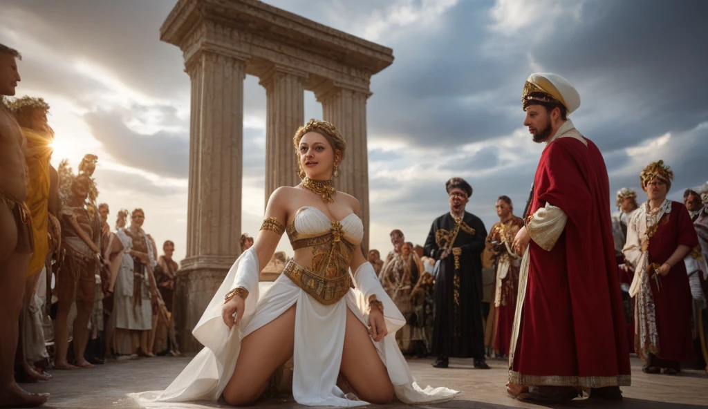 Roman gladiator, women ,sexy, blond hair, helmet on , bowing to the king ,epic position ,
Body profile ,two light fabrics covering her intimate parts  