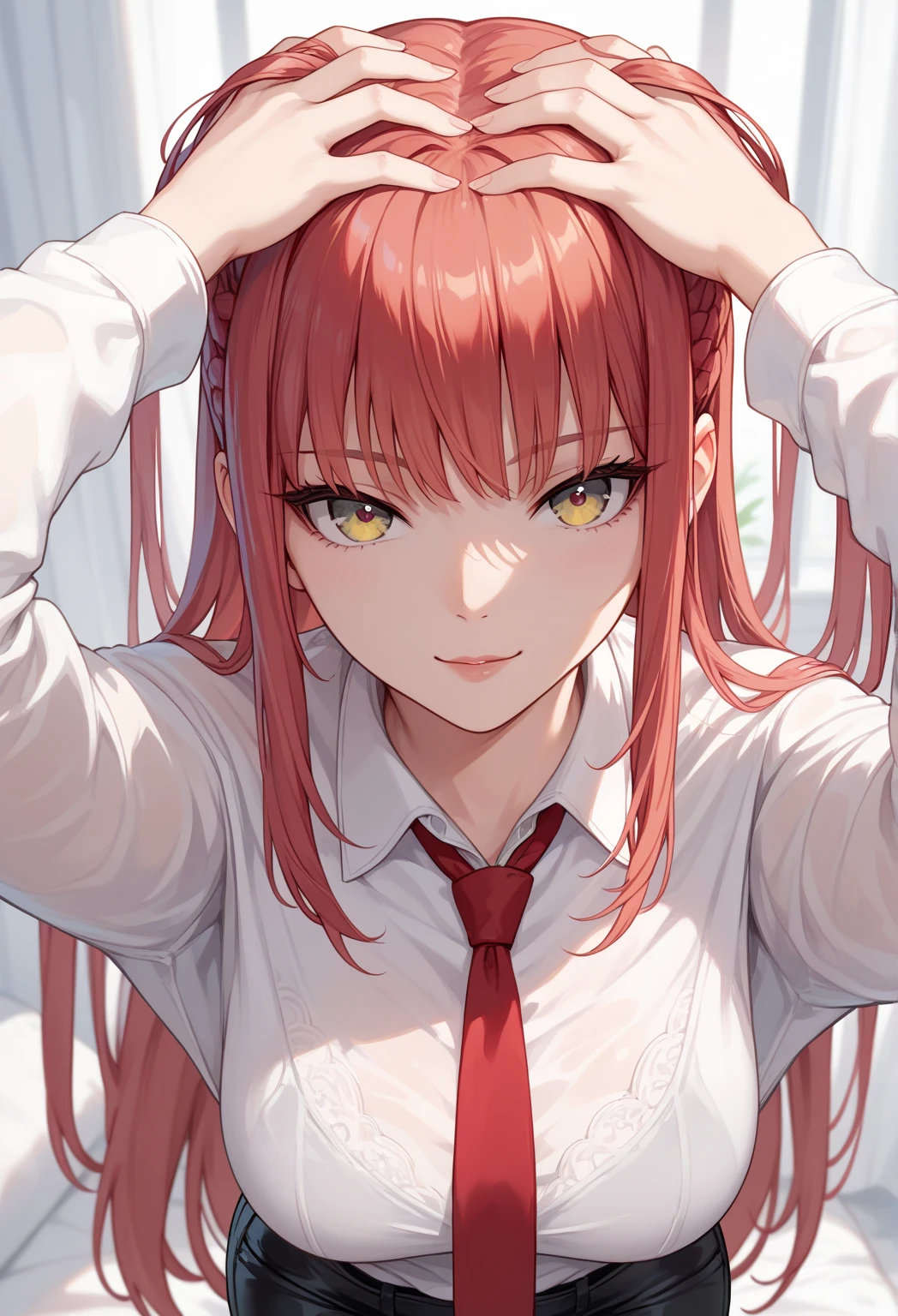 red hairs、Long hair、Bedroom、earringlushing:1.6), (sulking:1.3), Sweat on the cheekeautiful face), (Beautiful Girl), (Pretty girl), Innocent, Meet face to face clearly,white shirt、red necktie