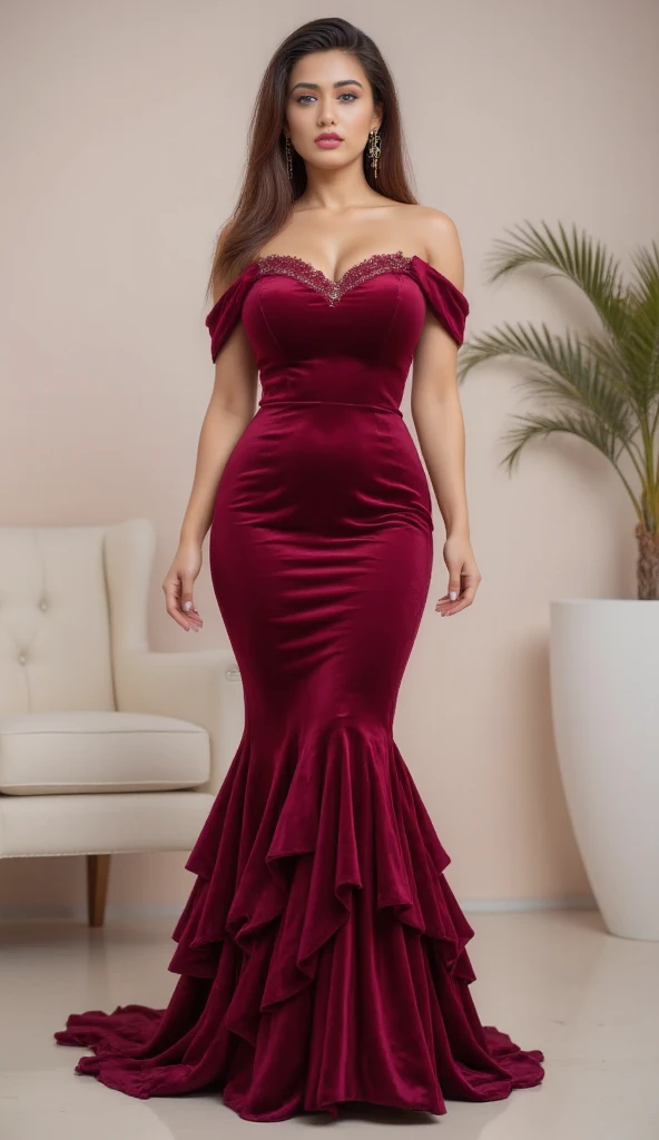 1girl, mermaid, mermaid tail below waistline, mermaid dress, pink mermaid dress, ebony, africa girl, dark skin, long hair, full body, extra huge breasts, cleavage, red hair, on bed, make up korea look, bedroom, sit on bed,