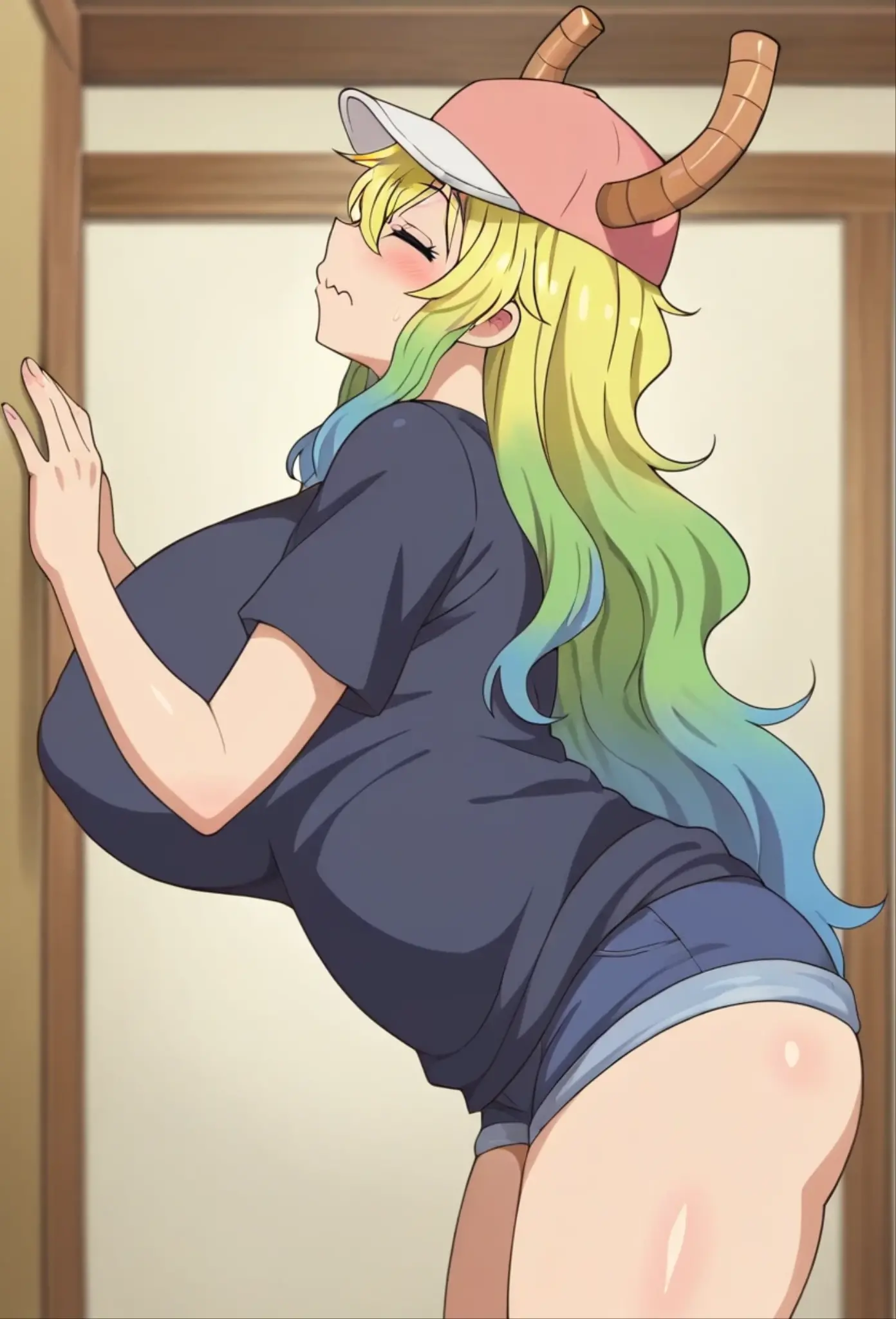 bloom, ((masterpiece)), lucoa, on bed, (purple eyes:1.2), yellow pupils, (heterochromia:1.2), large round breasts, cleavage, (mature female:1.2), green hair, blonde hair, gradient_hair, dragon horns, :o, nipples, blushing, vagina, 1boy, penis in vagina, missionary sex, lying, on back, spread legs, pov, feet up, ahegao,