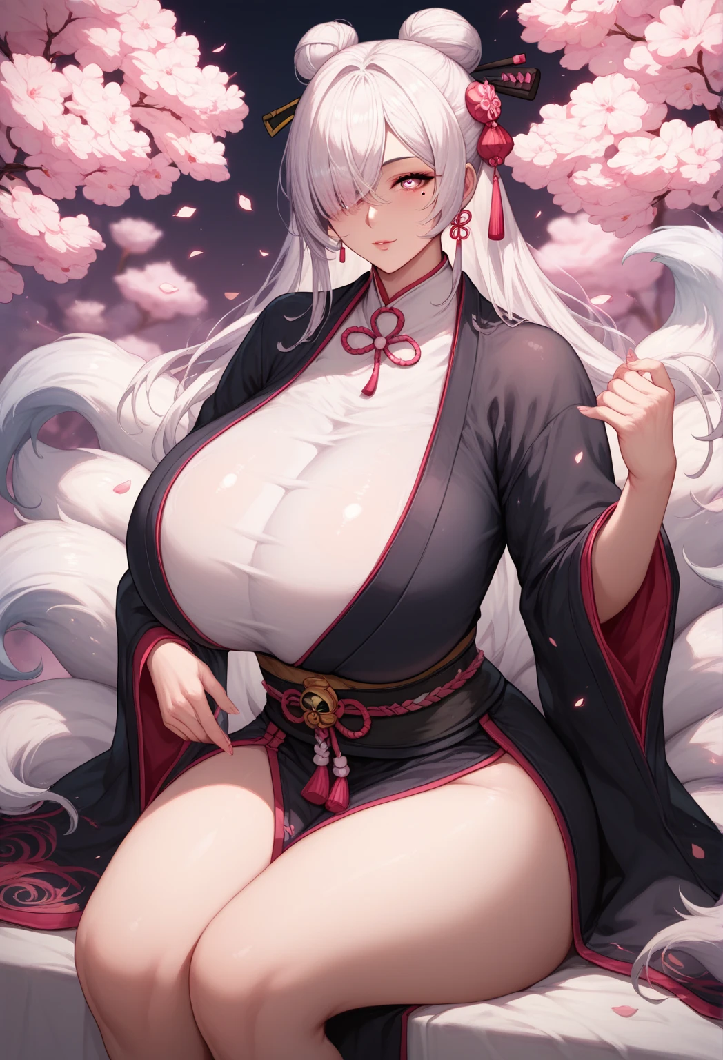 actual, , white hair, big eyes, Smile,open mouth,big breasts,glowing eyes,open lips, blush, daytime,background orc ears,Fox fairy,Kimono decoration,sexy,exposed,charming smile,Half-dressed kimono,white fox ears,White pink fox tail,high thigh slit,,Exquisite background,Mature,red background,Warm colors,red sleeves,Bright colors,white hair,Sense of lens,Lying in bed,Mature women
