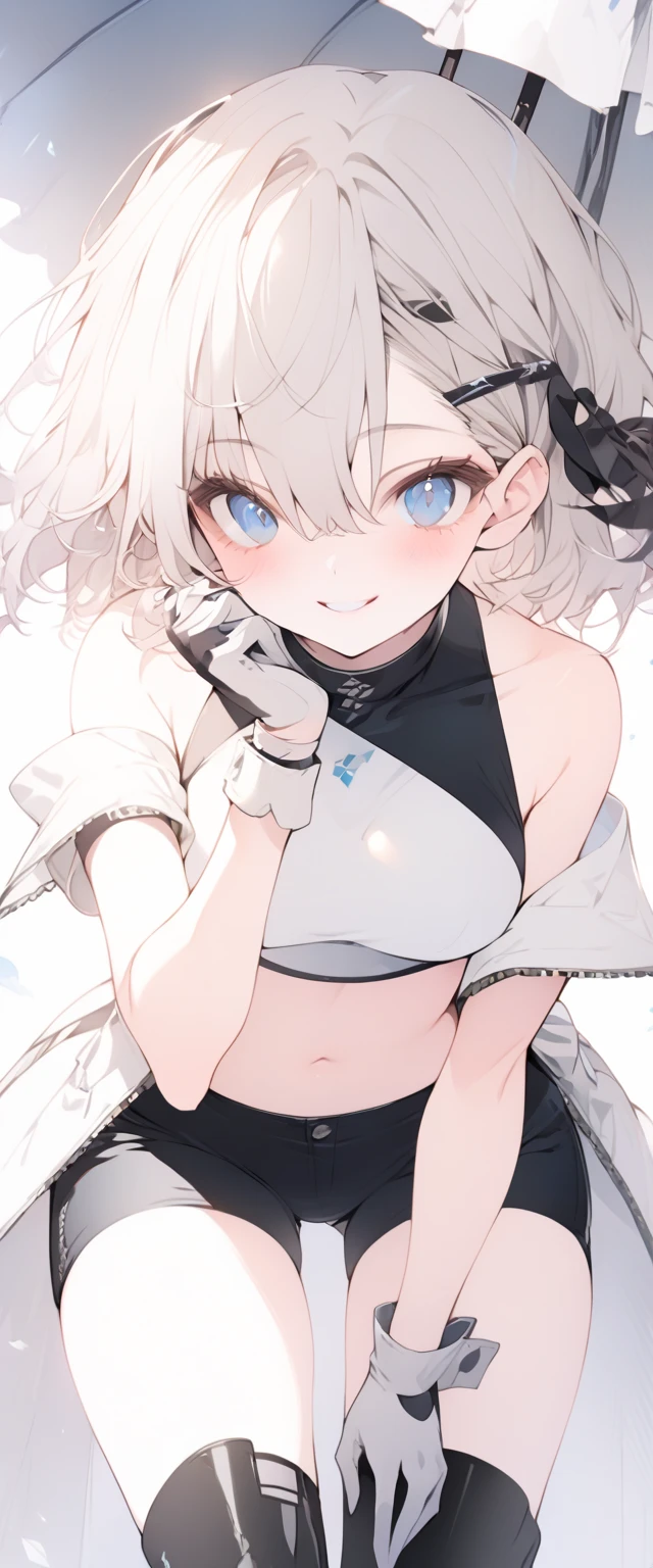 beautiful, masterpiece, Highest quality, anime, One girl, C Cup,Portrait Shot, View your viewers, Intricate details,>,((Covered、Short Hair、nearby、Blue Eyes、art、、White hair,Blue streaked hair、wallpaper、、hairpin、smile、Race Queen、Thigh、Knee-high boots、blue sky、smile、Bright atmosphere、standing、wave hands、Be extremely happy