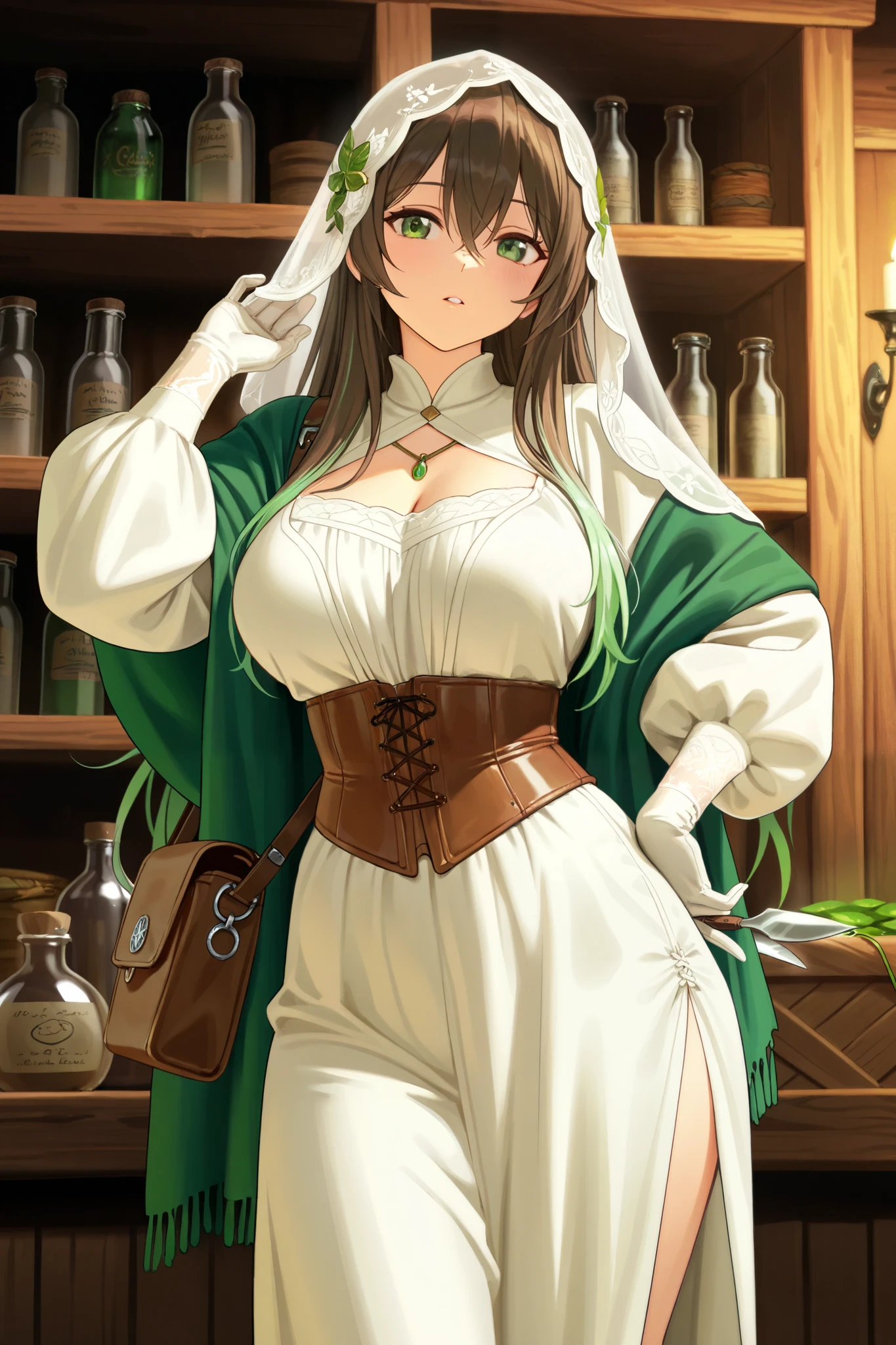 "A young woman with a seductive figure, the plump breasts of the size of an F cup reflect the charm of femininity. Long hair, silvery, shimmering, shimmering shades of light green highlights, falls naturally to the waist, deep green eyes like a magical dark forest, a hint of gentle kindness A curative, but at the same time charming, attractive model that is difficult to take your eyes off.
She wore a medieval doctor's dress that was tailored to her versatility and reflected her personality. The blouse was a cream-colored long-sleeved dress with a deep ribbing, showing off a slight white bodice. The long but high-cut skirt reveals the shapely slender legs, fastened with a dark brown leather corset that accentuates the look. Featured in a light emerald green shawl embroidered with delicate leaf and floral motifs. She wore thin fabric gloves that revealed her pretty slender fingertips and had a silver ring adorned with green gems on her fingers.
At her waist there is a leather bag for carrying herbs and medicines, a clear glass bottle with colored liquids attached to a leather strap, demonstrating her role as a healer of nature. A small knife for cutting herbs and using self-defense is attached to her waist.
She stands amidst the ancient wooden hut of the doctor in the deep forest. Surrounded by shelves of herbs, magic books and dim candles, the gentle breeze blowing her veil as if she were a ghost of nature, fascinating yet mysterious at the same time."