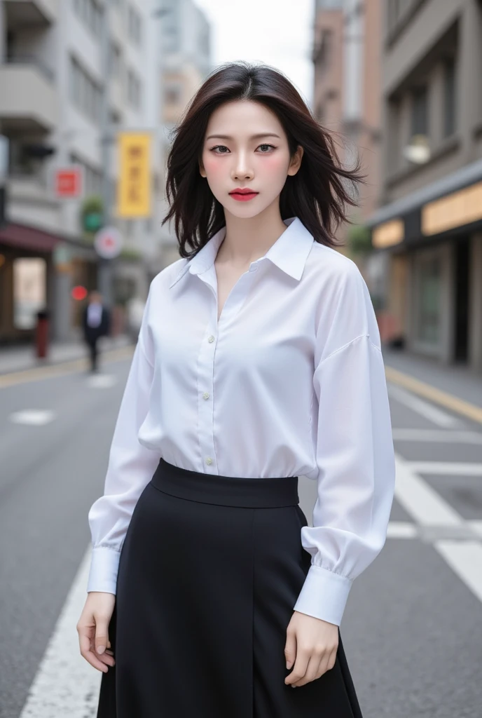 Woman in a suit standing on the sidewalk,((20-year-old woman))、small Breasts、Dark brown hair color、Hairstyle with bangs、Various hairstyles、Hairstyles of different lengths、(8k, RAW Photos, highest quality, Tabletop: 1.2),、(Realistic, Realistic: 1.3), Cityscape, Day, Sunny Morning, Professional Lighting, Photon Mapping, shirt, (Woman in a suit,) Silk Suit、Tight mini Skirt、((Delicate photo))，(Detailed RAW Photos of Girls), (Tabletop:1.25), (highest quality:1.6), (超A high resolution:1.5), (Realistic:1.75), 8k resolution, Canon EOS R5, 50mm, absurdes, Ultra-detailed,Cinema Lighting, (Skirt Lift:1.5)、the wind is strong、smile、Skirt flipped up, ((openclotch_white_panties)), nsfw, beautiful pussy,