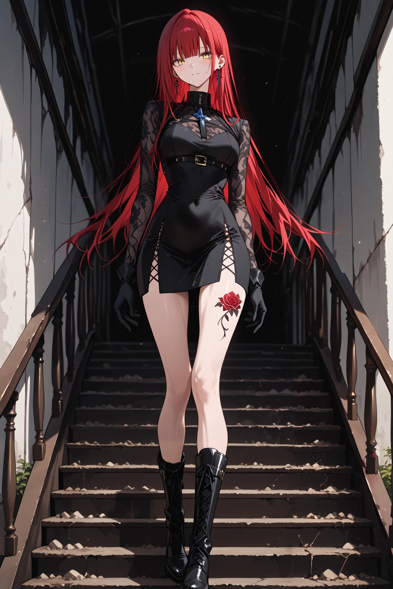 Killer Woman (Slender body with medium breasts)、Straight red hair (Straight bangs. long hairstyle) golden eyes、A slim, toned, lean body、Very slim body、Long legs、clothing (Black short dress, Black boots、Black Gloves, laced dress, open at the side, split)、Abandoned town in the background、Standing on the stairs、(Super detailed、Smiling, Hair over shoulders, A body covered in tattoos (Rose Tattoo), Best Quality、Highest quality、Angle that accurately captures your face、Accurate and detailed drawing、Accurate five fingers、Delicate and dynamic、2.5D、Front View.Viewers perspective, solo