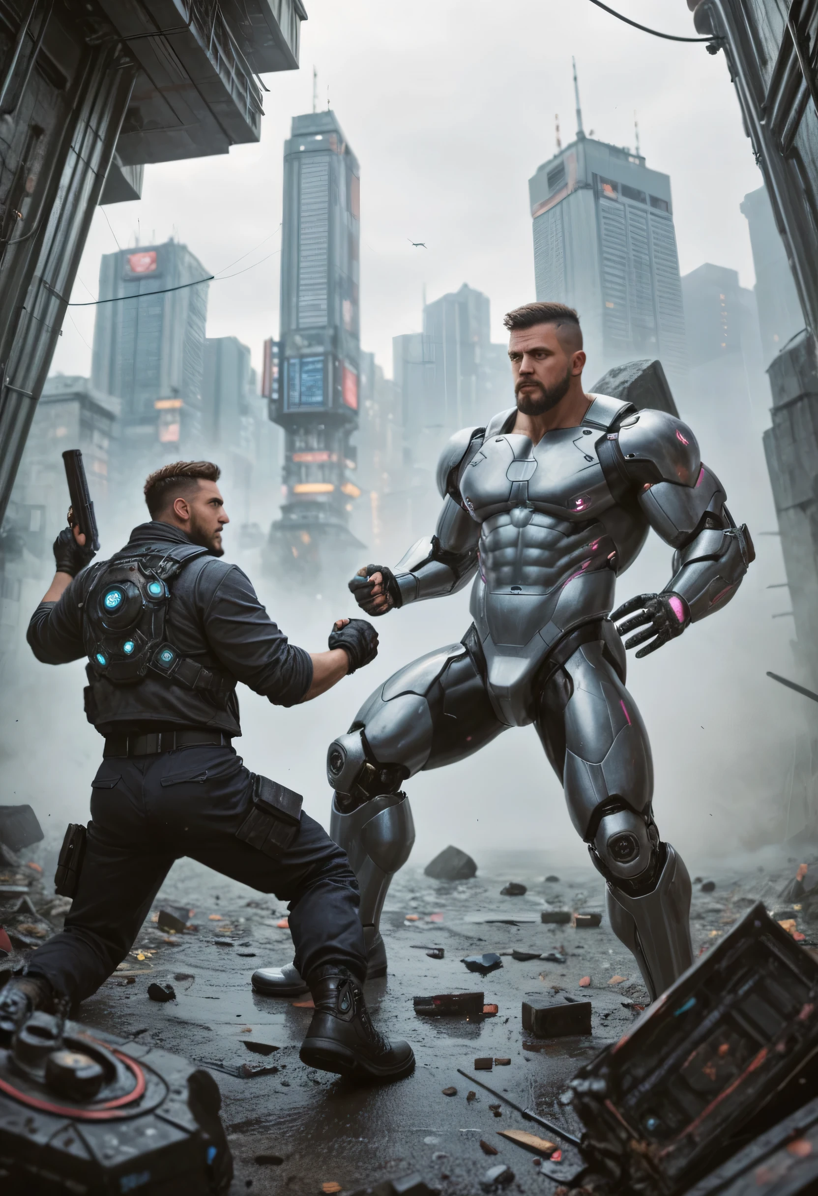 score_9, score_8_up, score_7_up, Cyberpunk Gunfight, muscular man,armour,  bearded man, Gunfight human against robot, man vs robot