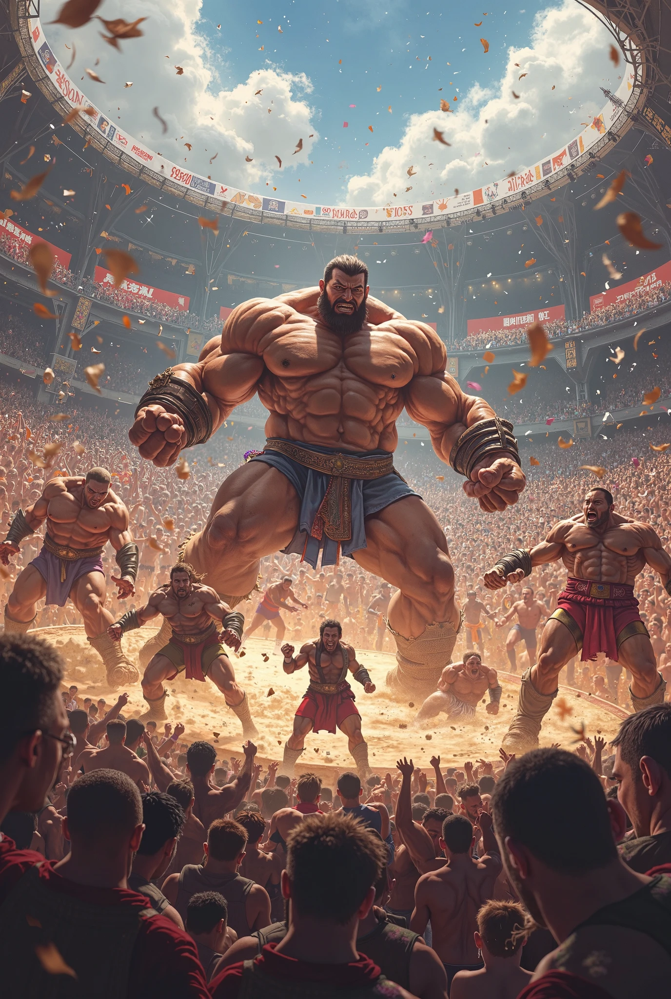 An image of a logo where there are titans playing volleyball