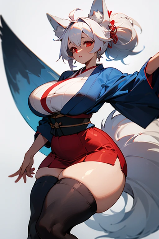 masterpiece, best quality, KagaV4, 1girl, solo, breasts, short hair, blue eyes, skirt, large breasts, animal ears, cleavage, tail, white hair, japanese clothes, wide sleeves, blue skirt, fox ears, fox tail, fox girl, multiple tails, hakama, white kimono, hakama short skirt, (Beautiful,large_Breasts:1.8), big breasts, large breasts, (big breasts:1.7), (huge big breasts:1.6), masterpiece),best quality, expressive eyes, perfect face, 1girl, embarrassed,,