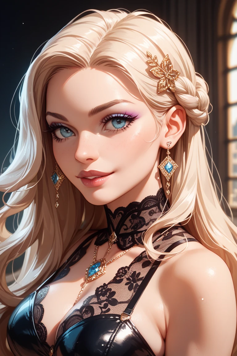 ((masterpiece)), ((best quality)), (ultra-detailed), absurdres, extremely detailed CG unity 8k wallpaper, Official Art, (realistic), beautiful face, detailed hands, expressive eyes, upper body, close up, solo, scenery, illustration, dramatic lighting, standing, smile, 1girl, sharp eyelashes, lips, dress ((masterpiece)), , absurdres, HDR