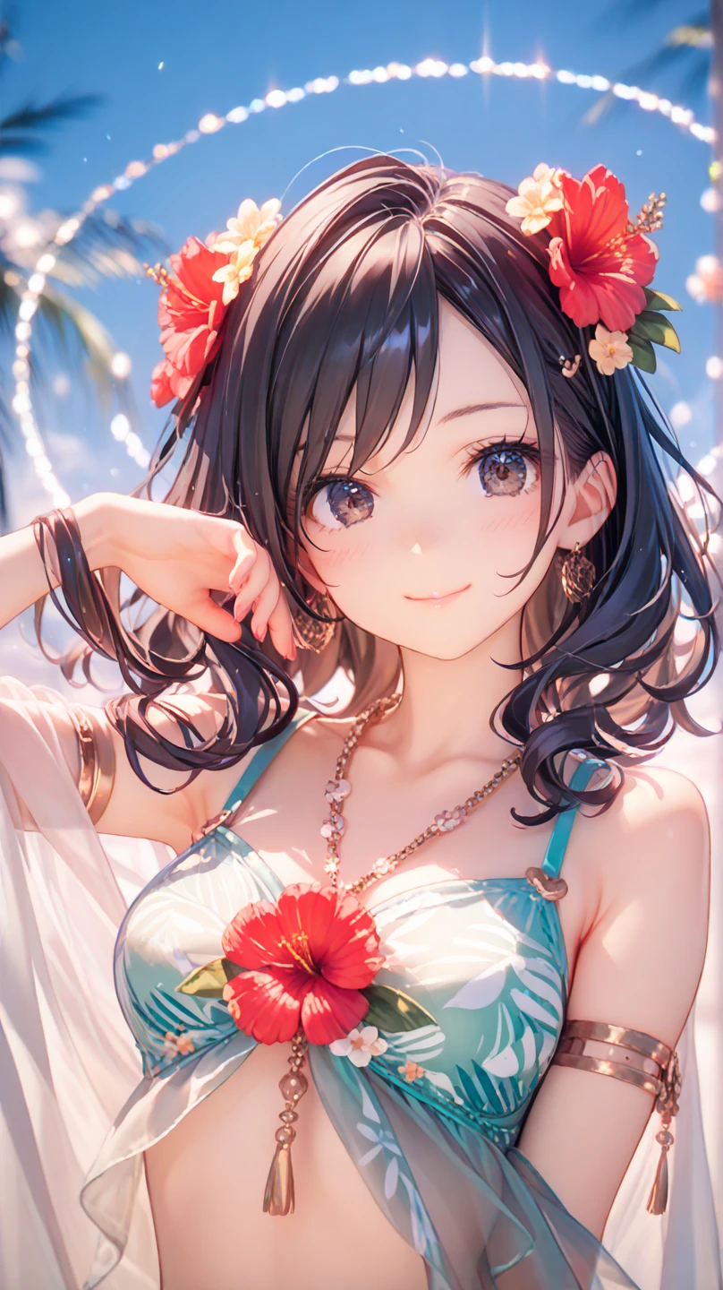 masterpiece, best quality, high quality, extremely detailed, very delicate and beautiful, (18-year-old 1female, solo: 1.5), (long black hair, two-side up, down to the waist: 1.5), bangs down to the eyebrows, eyes with a sharp, strong, glossy, slanted gaze, glossy eyebrows, (magenta eye color: 1.3), 6.5 heads and bodies, (hibiscus print bikini swimsuit: 1.3), (standing and playing in the ocean), (smile), (dynamic pose), (tropical ocean in the background: 1.3), (Milky Way Night Sky: 1.3), (upper body:1.3)