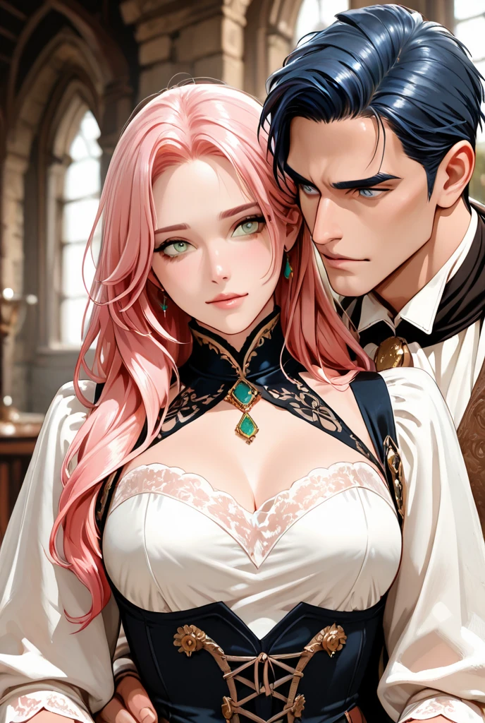 Aristocratic pink haired girl in luxurious clothes、blue eyes、Accompanied by a middle-aged male slave wearing a collar
