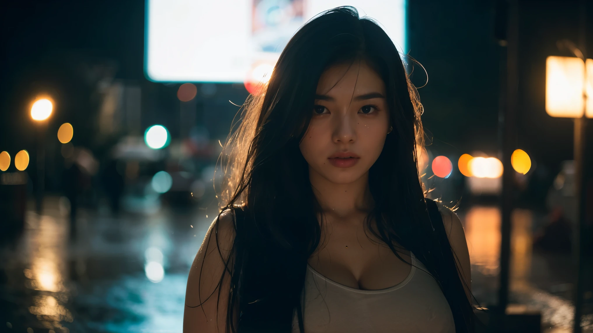 1girl,solo,long hair,Rough skin,(looking at viewer:1.2),wet hair,micro_shorts,dark,polaroid,(depth_of_field:1.5),rainy days,outdoors,street,hair between eyes,moody lighting,Tyndall effect,Cinematic Lighting,night,lamppost,lens flare,available light,rim light,glowing neon lights,curvy,chinese_style,