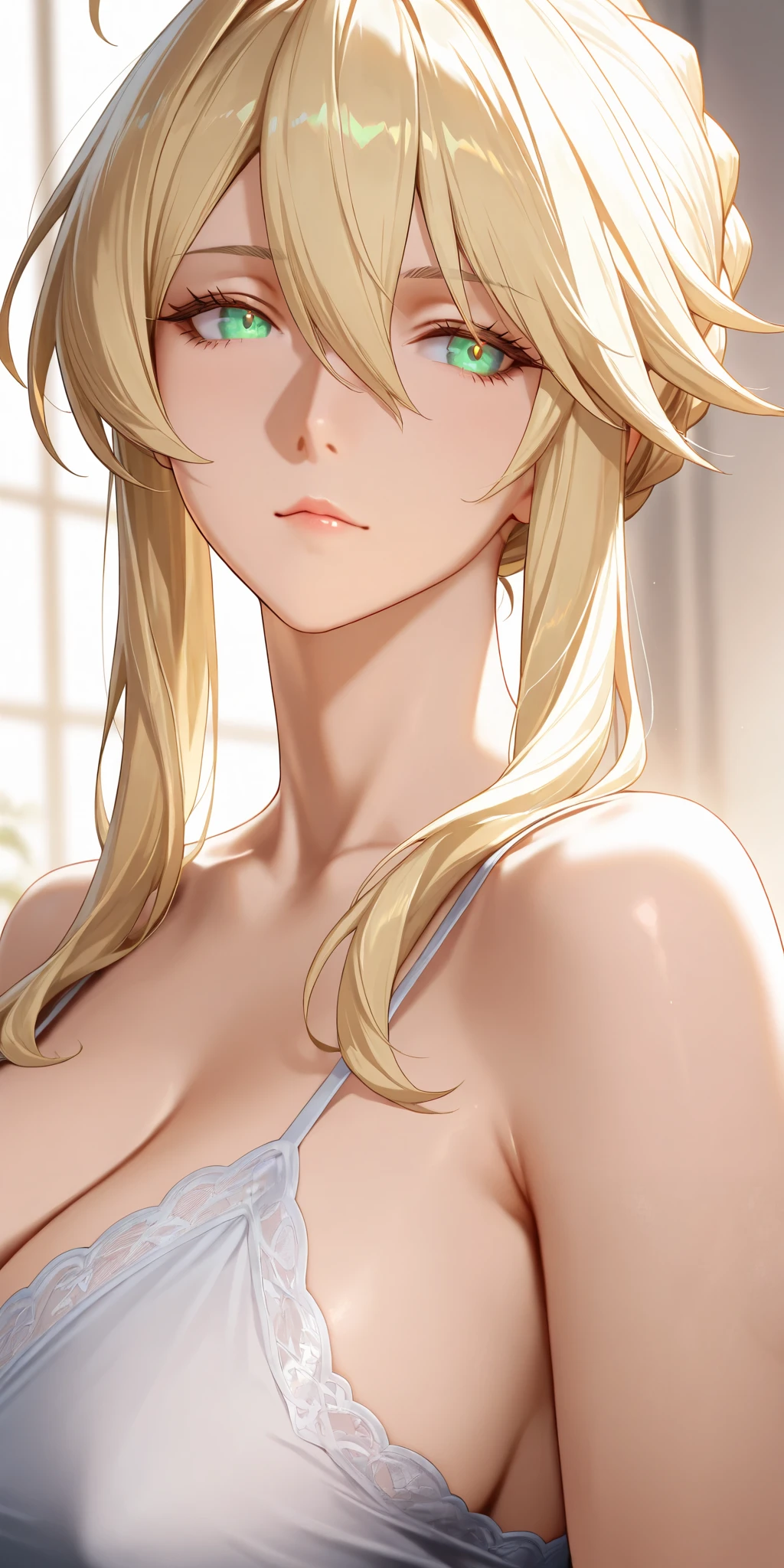 1girl, elegant mature, woman, upper body, broad shoulders, long hair, blonde, bang, blue eyes, camisole, home, soft light, JeanBartDefault
