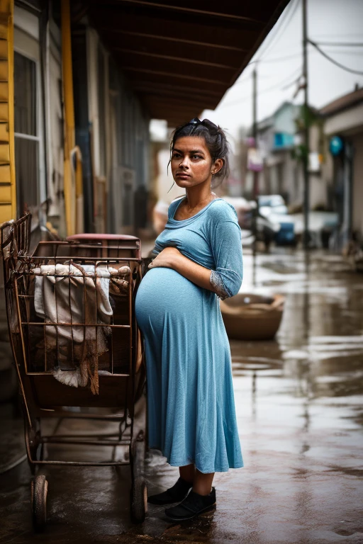  pregnant woman in a wet red dress walks along a flooded road in heavy rain, carrying a large sack on her back and a metal pot in one hand. Two young children, both crying and visibly distressed, follow her on either side. The scene evokes a sense of struggle and urgency in adverse weather conditions.