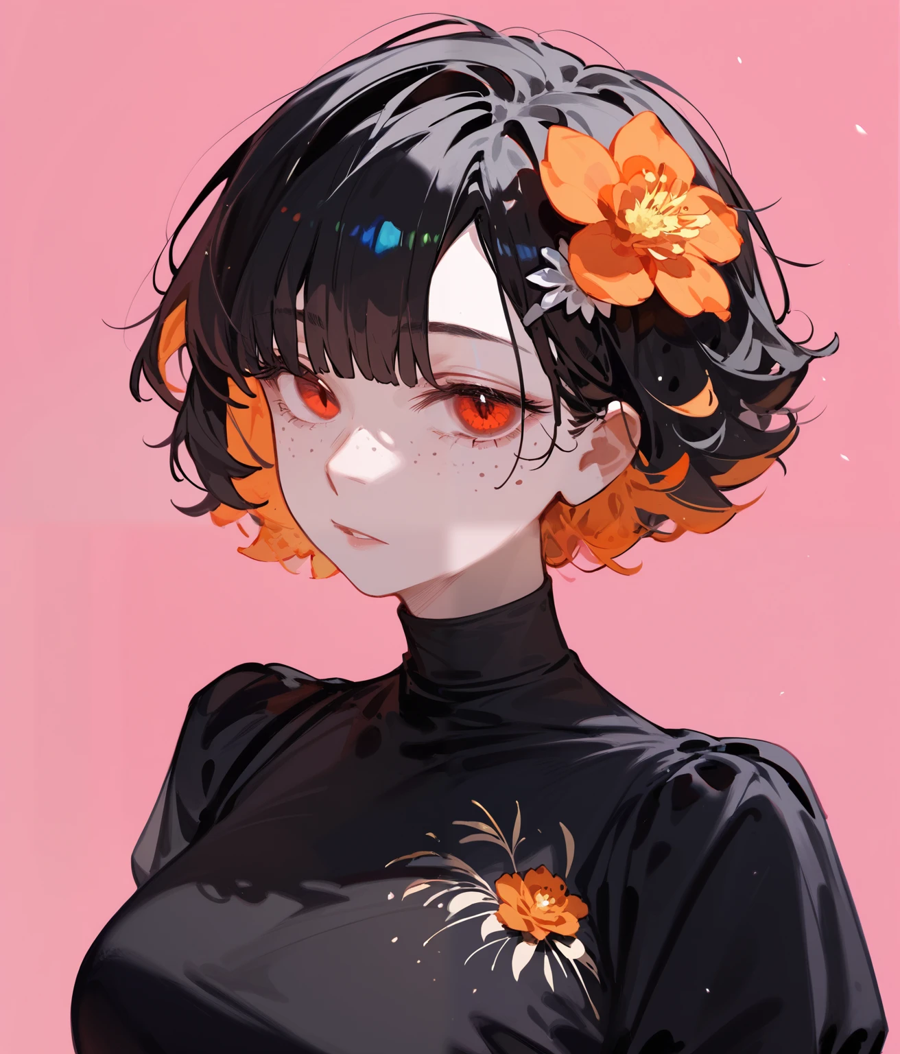 girl,orange hair, multi colour hair, black hair,in red eyes, short hair , Tomboy,black dress, ghoul eyes, light pink background ,big-breasted,Flower Hair Ornament,milf,Cool hair Bob ,Freckles on the face