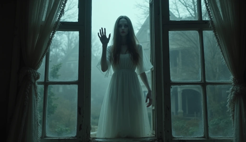 woman in a white dress standing in a room with a window., inspired by Elsa Bleda, by Elsa Bleda, by Johanna Marie Fosie, inspired by Katia Chausheva, pale young ghost, tattered dress, A portrait of a suicidal girl, covered in cobwebs and dust, inspired by Brooke Shaden
