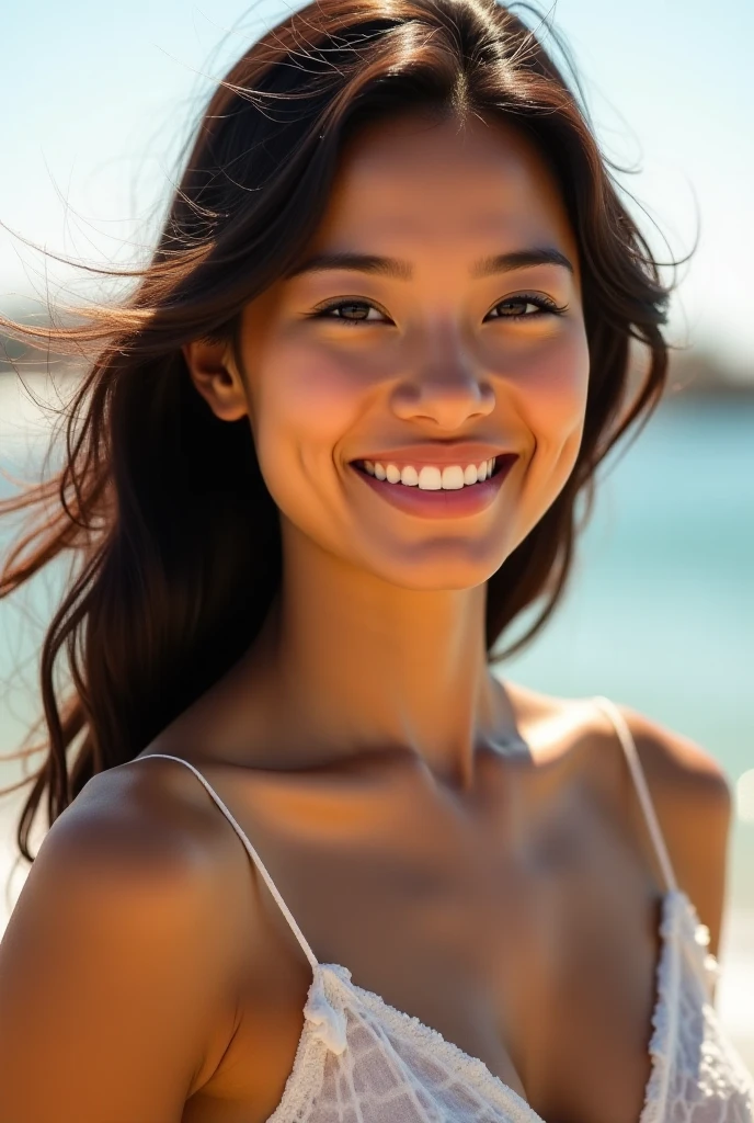 Set the scene in a bright, comfortable beach. The Thai girl, wearing nothing, engages in an comfortable sunbath, sitting on a chair, and showcasing her pleasure. Capture the raw energy and satisfaction in her expression
