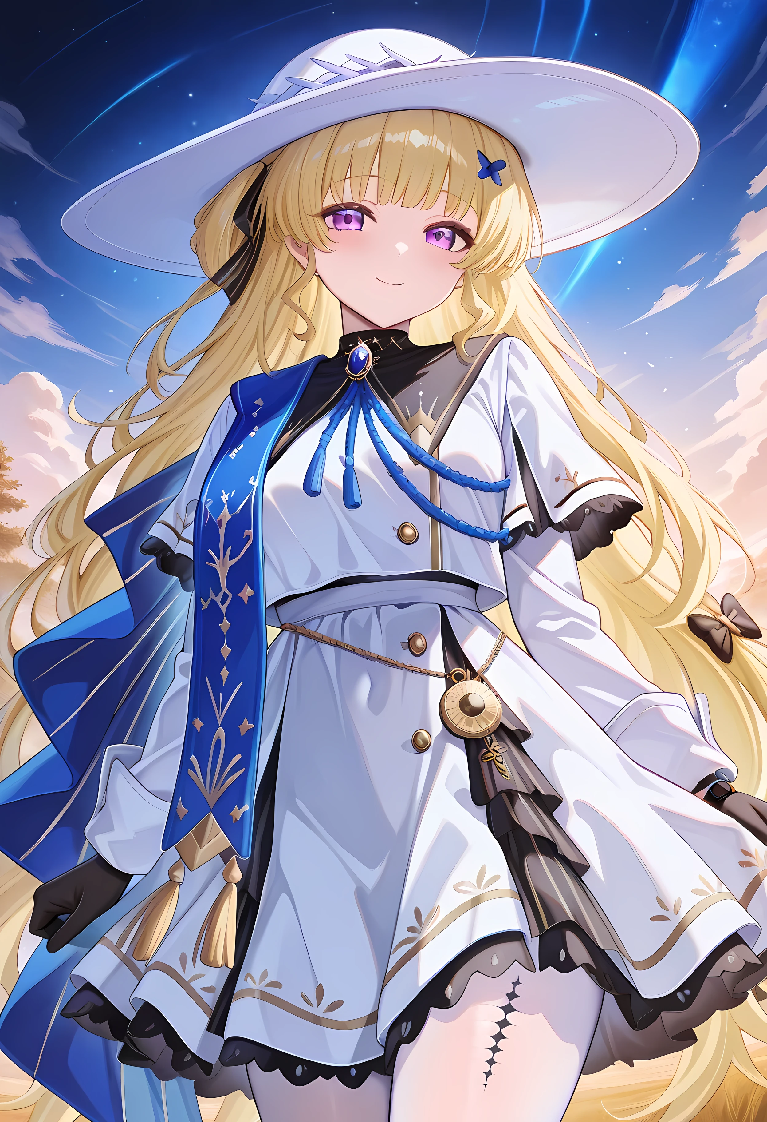 high definition, Best Quality, masterpiece, outdoor,
alone, 1 girl, wwphoebe , very long hair, blonde hair, blunt bang, purple eyes, hair bows, hair accessories,
phoewvdef , phoewwdef , white headwear, white dress, capeleT, button, Blue Brooch , blue ribbon, blue scarf , medallion, jewelry, Long Sleeve, black gloves, white pantyhose, gold trim, Leg Tattoos,
watch viewers, , smile,
Star々shines like a diamond in the endless expanse of Starry sky、Wind。
The protagonist has a light smile、with a dreamy expression while being blown by the。
背景には色鮮やかなStar雲と無数のStarたちが、Blue or purple、drawn in a golden gradation。
流れStarが生み出す光の軌跡が印象的で、and dances as if drawing a picture in the air。