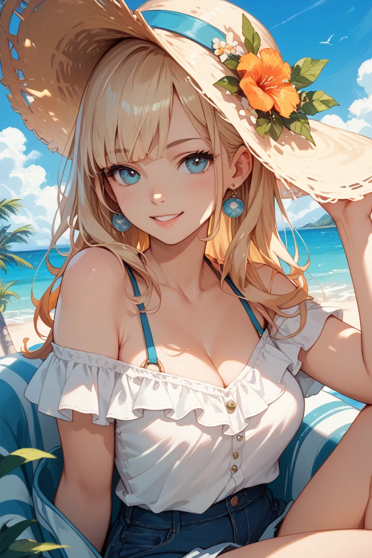 (Masterpiece, Best Quality, High Quality),volumetric lighting, illustration, beautiful, Mari Ohara, yellow eyes, yellow hair, hair_ornament, hat, jewelry, casual clothes, upper_body, braid, flower, sky, day, necklace, see-through, ocean, beach, straw hat, energetic smile 