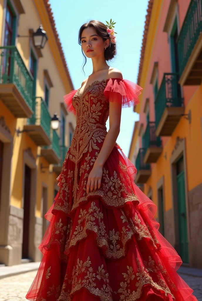 Create an image of a female character inspired by Spanish flamenco dancing, dressed in an elegant flamenco dress. Character should be depicted as romaní beaytiful woman. Their eyes should be large and pearl gray.., with an enigmatic glow. Hair, long and wavy, It should be collected in a low bun decorated with red and white flowers... The flamenco dress should be deep red with curly ruffles that add movement when dancing... The bodice of the dress should be decorated with gold embroidery imitating intricate patterns.., with white details evoking ancient masks. Earrings should be large and fan-shaped with red details.., y los zapatos deben ser de charol negro con tacones de madera y bordados dorados Character llevar una flor roja en el cabello. Character'Your posture and attitude should be elegant and determined.., that reflects a combination of strength and beauty of flamenco dance