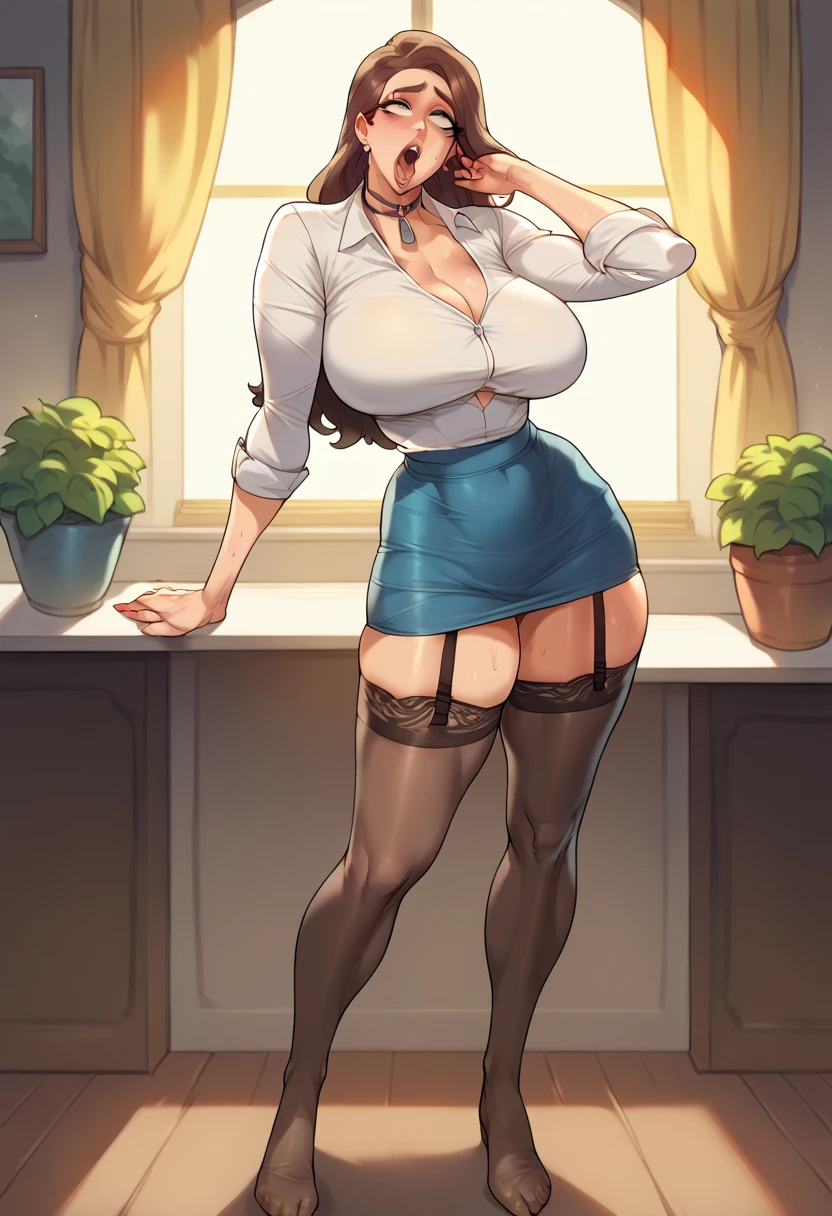 Cool beauty,Looks sweet,black bob curls hairstyle, (wearing oversized white shirt, off-shoulders, show cleavage), red lipstick, show big thigh, huge breast, full body photo, seductive pose, standing in front of the viewers, in a vintage cafe.