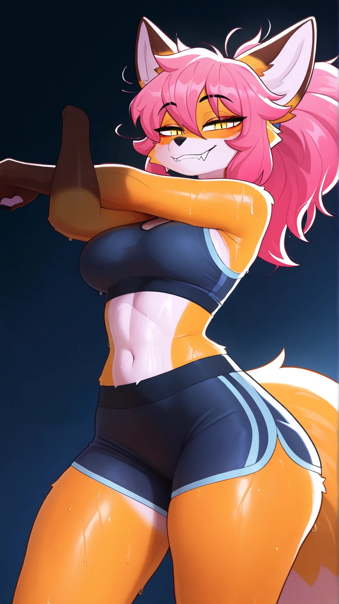 nsfw, uploaded on e621, by Pixelsketcher, by Bayard Wu, by Thomas Benjamin Kennington , by Einshelm, (realistic:1.2), real life, shadow, anthro female bunny, bunny ears, fox fangs, with beige and cream face with a very big smile on her face and a big fox tail, two-toned pink hair with blue streaks, long hair, two-toned beige and cream body, stunning sky blue eyes, black scelera, fur covered body, perky tits, bubble butt, long bunny ears, (detailed clear eyes:1.2), (looking at viewer:1.1),((portrait)), BREAK, spandex outfit, sporty, heavy diaper bulge, crop top, gym shorts, choker, (detailed Bonifasko lighting), (chibi:1.2), fluffy fur, detailed fur, (detailed skin), (smirk:1.1), BREAK, masturbation, cinematic lighting, ((detailed background)), wide angle view, (half body shadow:1.3), [backlighting], [[crepuscular ray]], [detailed ambient light], [gray natural lighting], [ambient light on the belly], (higher wildlife feral detail), indoors, gym, glowing pink lights, BREAK, [realistic proportions], [explict content], [sharp focus], (questionable content), (shaded), ((masterpiece)), leather straps, leather cuffs, buckles, locks,