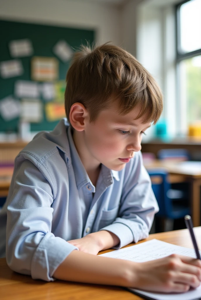 Realistic photo of skinny boy, light brown hair, curly hair, spiderman backpack, studying 2nd level, seated
