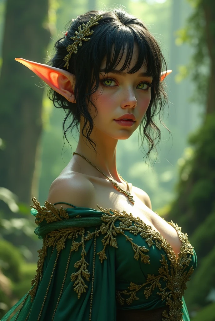 (Kat Dennings:Alexandra Daddario:0.1) as an elf, close-up professional photo, (head shot:1.1), (overhead view:0.9), looking at viewer, angled view, (lantern:0.75), (pointy ears:0.9), (nighttime:1.1), (night:1.1), (dark:1.1), (moon:0.5), fireflies, moss-covered balcony handrails, (tree house:0.9), intricate gown, JRR Tolkein, middle earth, (ancient magical forest:1.2), (mist:1.1), distant mountains, (big giant colossal massive enormous huge gigantic breasts:1.3), (oppai proportion:1.3), (top heavy:1.3), (long hair:1.4), very wavy golden hair, hair ribbons, (opal crown:0.9), (northern lights:0.75)