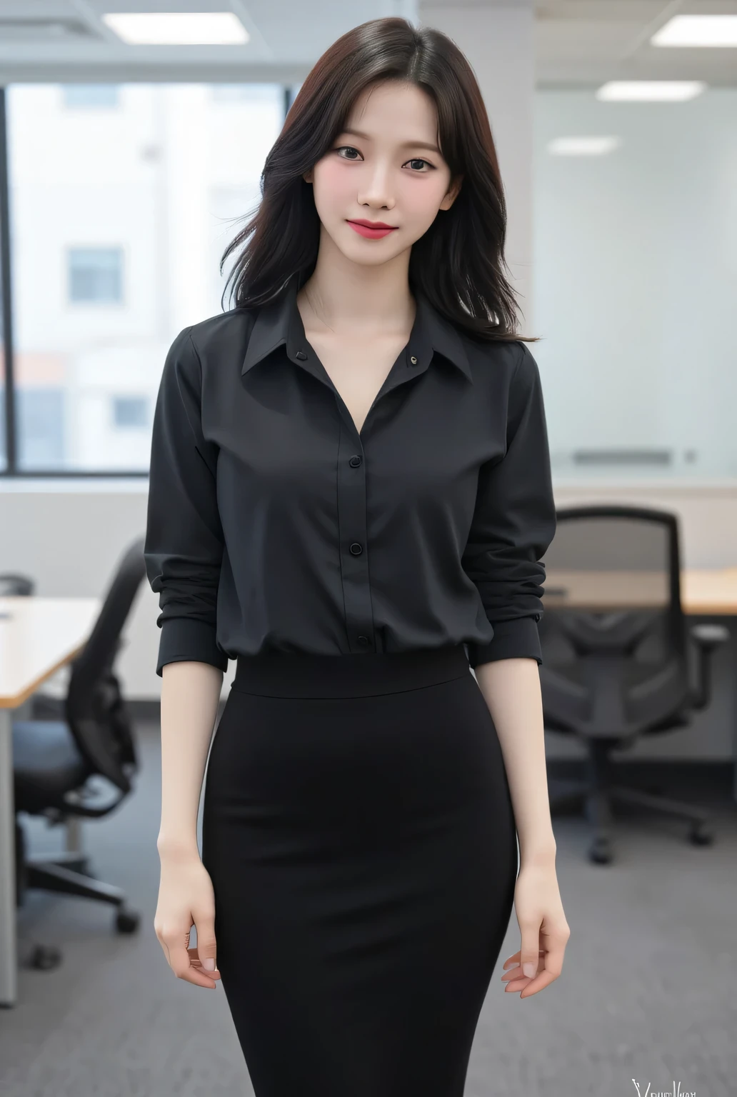 (Cute Japanese Girl), Sexy 18 year old girl, (The cutest face), Thin chest, Thin thighs, Straight hair, (office), (blouse), (tight fitting skirt), ((Sexy pose like gravure model)), back, protruding,
