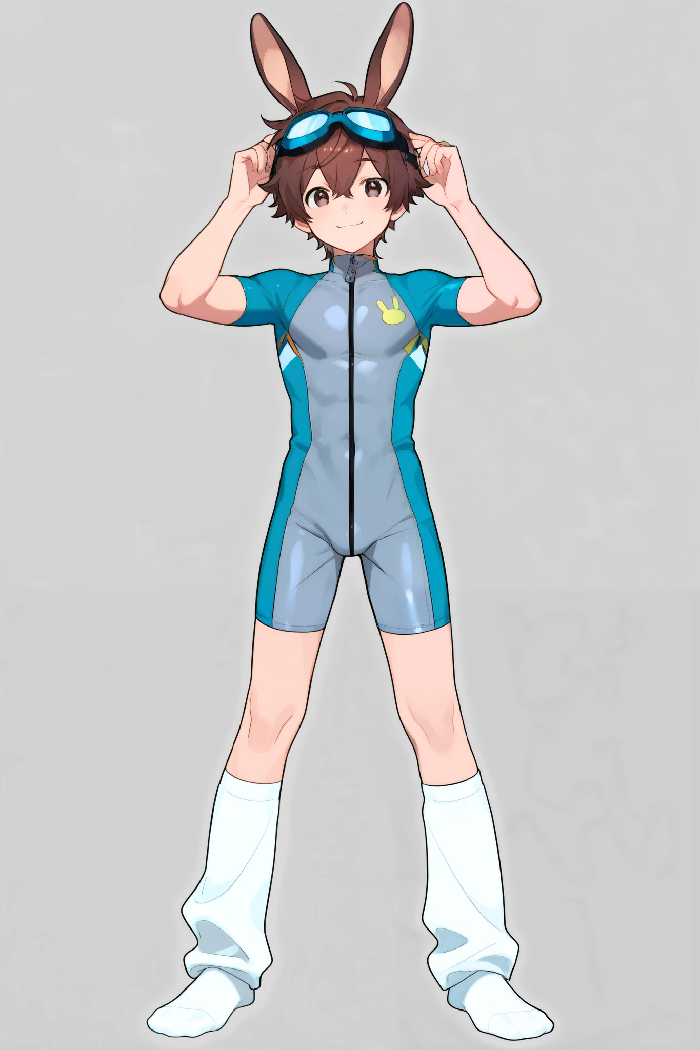 a boy, short hair,boy in grey bodysuit and white socks, stands,cute,A with brown hair,happy,Goggles,sexy,zipper,Rabbit ears,拉开的zipper