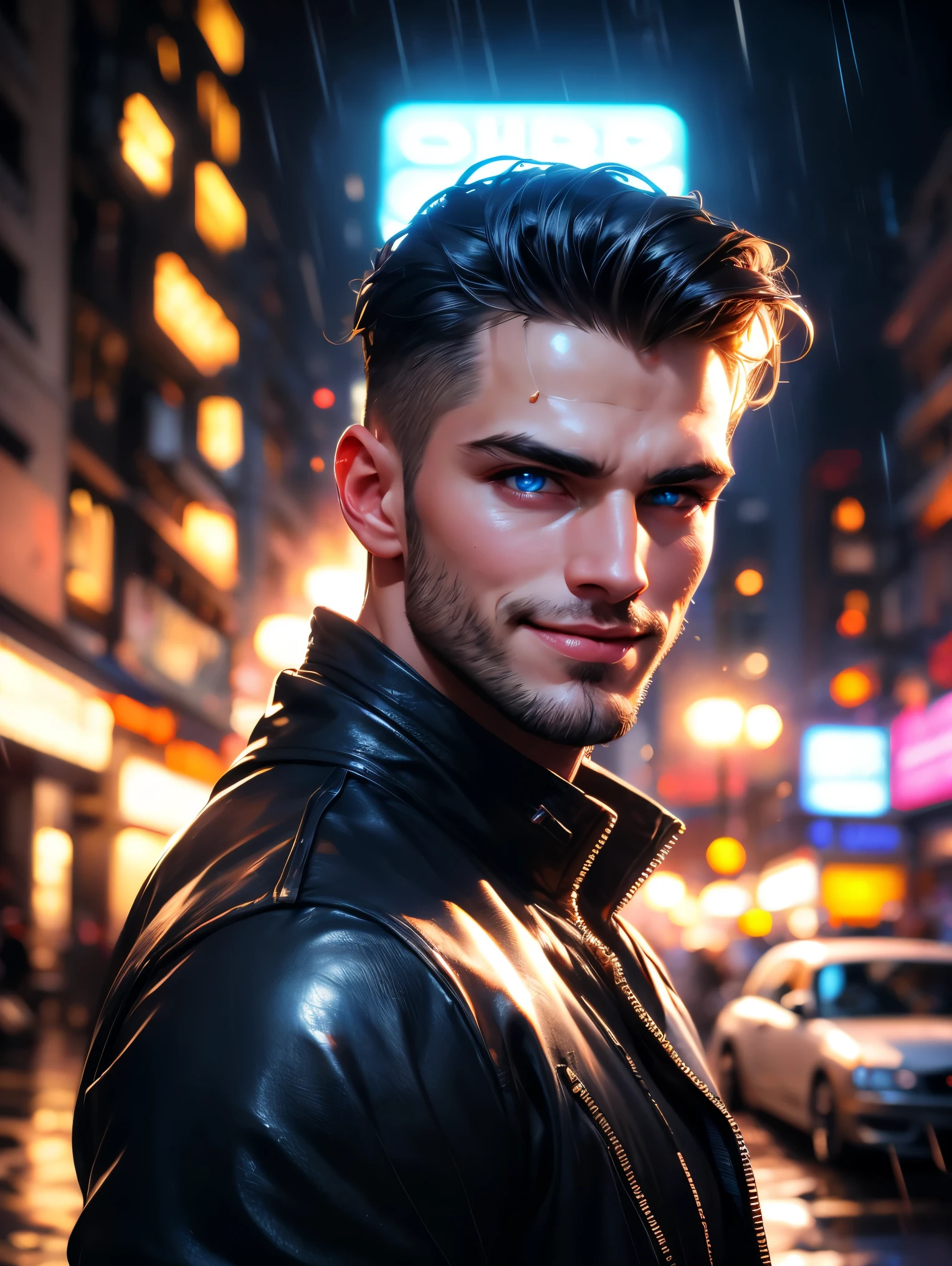 Outdoors, male, 20 years old, wearing red leather jacket, wearing black jeans, blue eyes, slicked-back black hair, pale skin, (smirk:1.2),, (tough attitude), modern urban environment, night, rain, neon signs, 8k, Unreal engine, highly detailed, octane render, photorealistic, dim light, brightly lit, lens flares, beams and intricate details, incredibly detailed and volumetric lighting, 4k rendering, ray tracing, bokeh, particle effects, stock imagery, hyper realistic textures, dramatic lighting, use of Unreal Engine and a sense of epic grandeur. (Bloom:1.3)