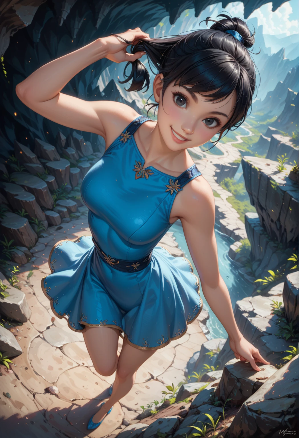 Betty from Flintstones is a beautiful, slim and slender young woman with fair skin and black hair in a bob and she's considerably taller than her husband, Barney. She wears a blue loincloth/tube dress with a torn hemline, black straps that tie around the back of her neck, a decorative stone sewn onto the front of the chest and a jagged bottom. She also wears a trademark blue ribbon in her hair.