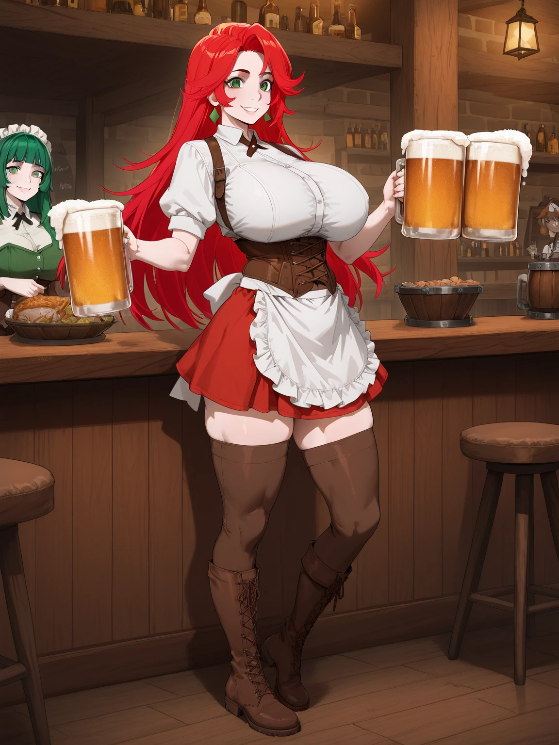 Long red hair, yellow eyes, evil, sexy, black and red clothes, cute hairstyle, evil face, evil, serious look, gloss lips, sinister, front look, beer maid outfit, Oktoberfest, bar maid, (((19 years old, large breasts, triple D cup breasts, round buttocks, bubbly buttocks, wide hips, bubbly ass, fit and strong)), beautiful eyes, short dress, old German bar, night, sensual, straight hair cut, clear skin, evil, adult girl, solo, red, very long hair, German beer, beer stein