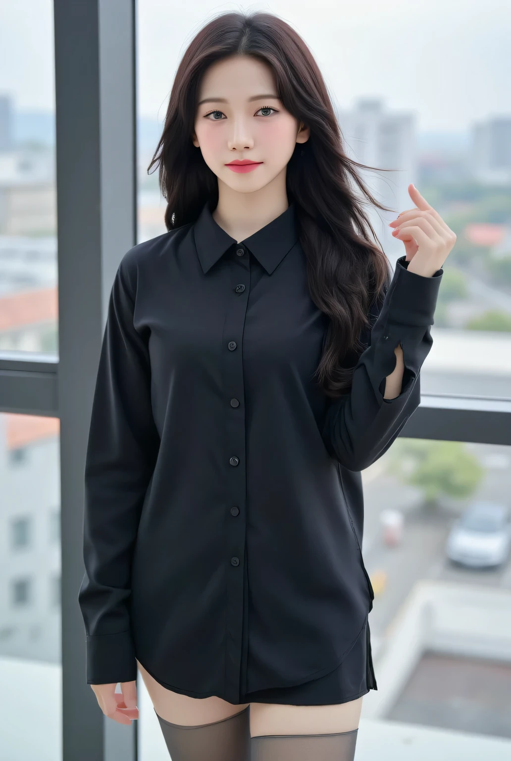 a beautiful woman, standing in the middle of the city , front facing, office room background with large window behind, use a casual shirt in black, Tight formal skirt long to the ash ash leg, big , red lips, black hair