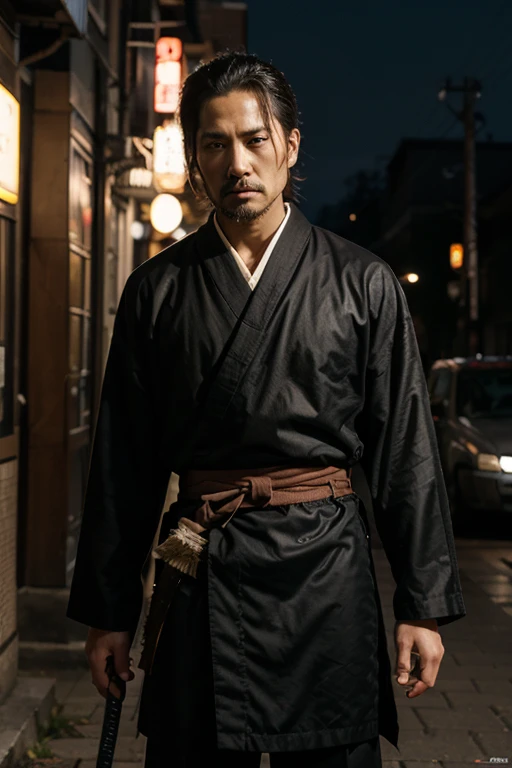 Realist:1.3,( fPhoto, Realist, 8k, RAW Photos, Premium Quality, masterpiece, Spectacular lighting, Centered Images), (whole body), (Disheveled brown long hair), (Wearing a Japanese kimono), (Held in both hands2Fighting with the sword of books, Two-Way), (Handsome Japanese young man, Confident、Trained muscles., Wild man and body with perfect details), cyber punk, bad, barefoot, Samurai, Tokyo, Shibuya Ward,