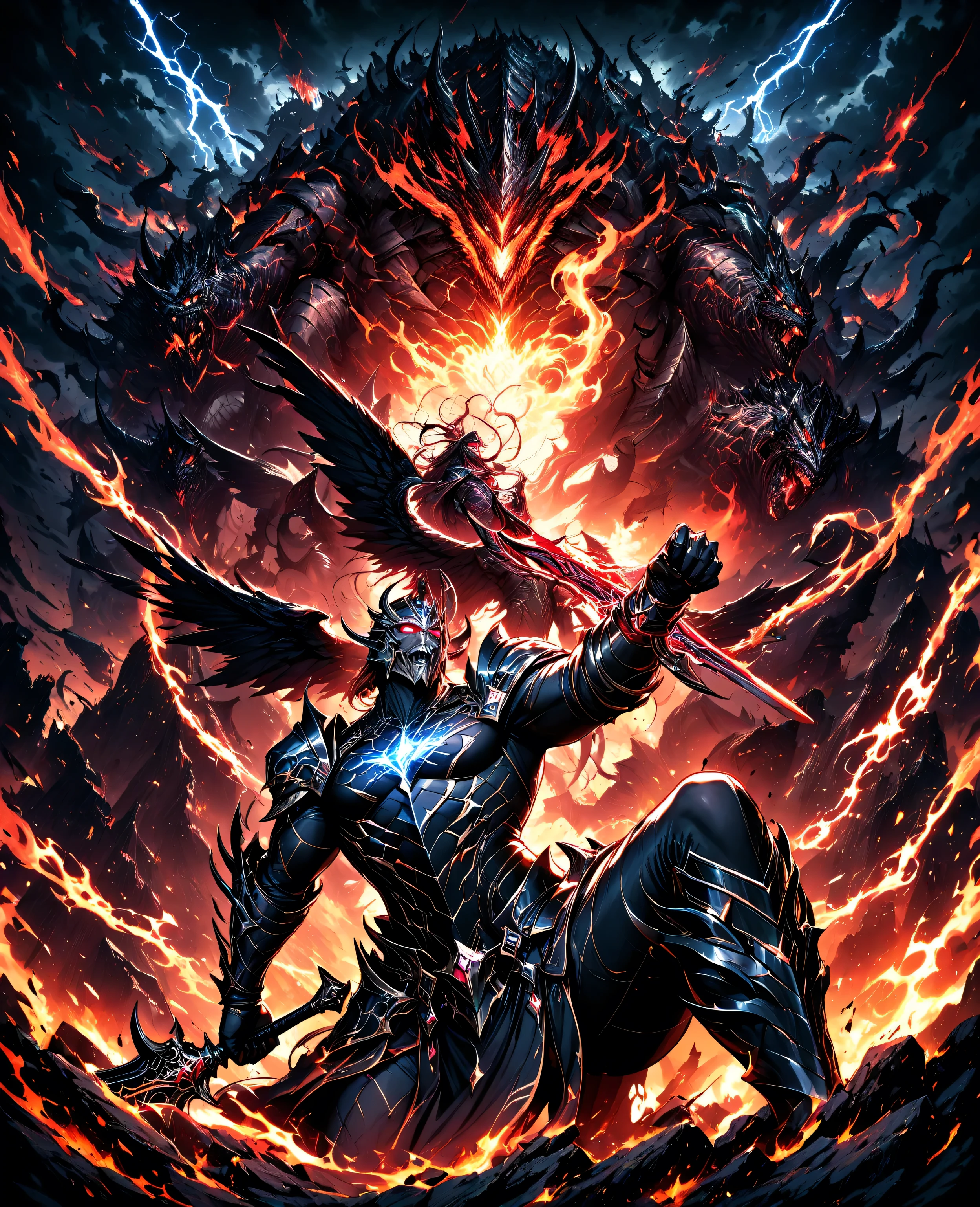 masterpiece, best quality, scary monster chasing humansA highly detailed line art illustration of a powerful and majestic fallen angel being dragged into the depths of hell by monstrous demons. The angel has intricate armor, glowing eyes, and massive, tattered wings that still retain their grandeur. It struggles fiercely, wielding a broken sword, as chains and claws pull it toward towering, infernal gates. The demons are grotesque and menacing, surrounding the angel with cruel expressions. The background is filled with swirling fire, dark storm clouds, and eerie lightning. The line art is intricate and dynamic, emphasizing the drama and power of the scene