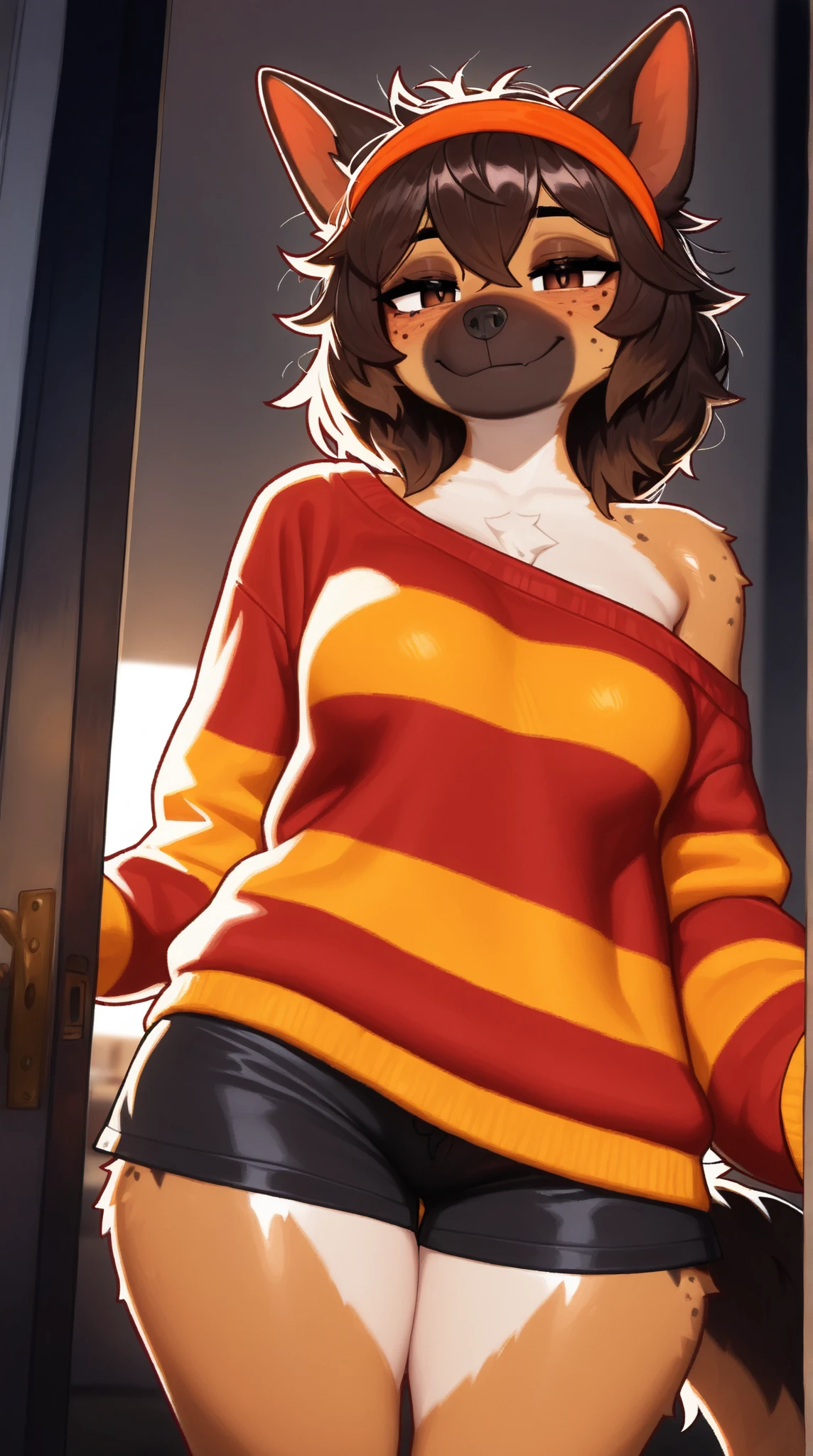 1girl, dog, german shepherd, furry female, brown eyes, orange headband, brown hair, medium hair, messy hair, (19-year-old girl), closed mouth, looking at the viewer, cute smile, tail, medium breast, thighs, hips, orange sweater, (orange striped sweater), oversized clothes, baggy sweater, single off shoulder, black shorts, female focus, contrast lighting, side lighting, masterpiece, best quality, newest, absurdres, highres, amazing quality, very aesthetic, bedroom setting, freckled face, bedroom, cute eyes, no lineart, cinematic, dynamic angle, score_9, score_8_up, score_7_up, score_6_up, score_5_up, score_4_up