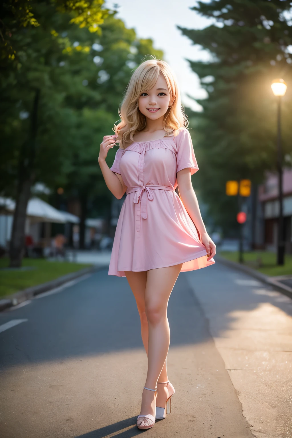 Perfect composition, Proper placement, Golden Ratio, masterpiece, best quality, high definition , one Girl, Cute (Girl:(li:1.5), full body focus, full body shot, view the viewer, smiling, standing, pink short sleeves sundress, Anatomically Correct Ratio :1.331, has a small head :1.331, Curvy body:0.9, thin waist:1.331, Thin limbs:1.331, huge breasts, Light Blonde Hair, wavy medium hair, bare legs, white pin high heels, Summer evening, Sunny, outdoor, Lake side, old blurry photos, Faded photos , Light and Shadow, Movie Lighting,