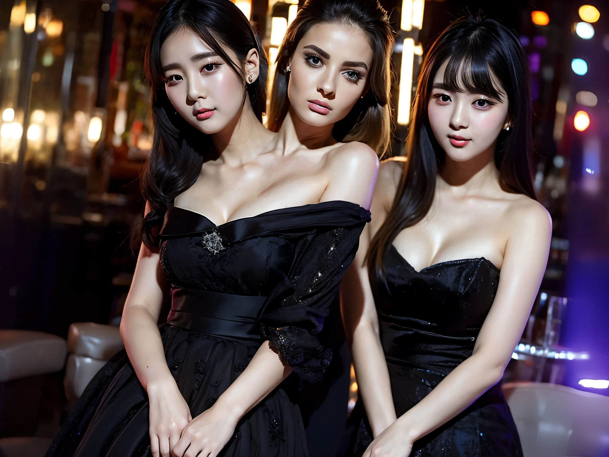 Fashion shows in Paris, Group photo at the end of the show, Designer in the center, A dozen models are standing around, The models are wearing vibrant dresses.,