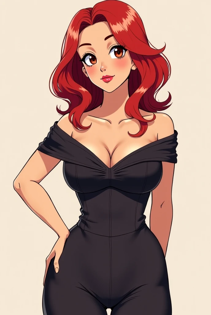a redhead, with a perfect body in a black dress