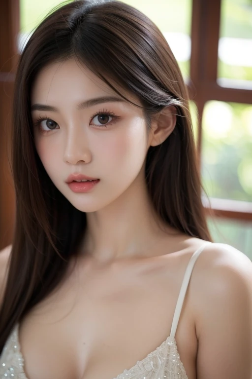 Top quality, RAW Photo, Highest Quality Image, 16K, Full body, Age 22 years old, Realistic, Photorealistic, Beautiful Asian woman, Sexy, body, White pale skin, Beautiful hair, Wavy hair, Brown Hair,, Short hairstyle, Detailed face, Detailed body, Detailed skin, Double eyelids, Big eyes, long eyelashes, bright eyes, green eyes, natural lips, detailed lips, Saggy breasts, Very Small breasts, Flat Breasts, long shape breasts, posing in Bamboo forest , sunny day light , light through Aspen trees, wearing white shirt, Camera angle from below
