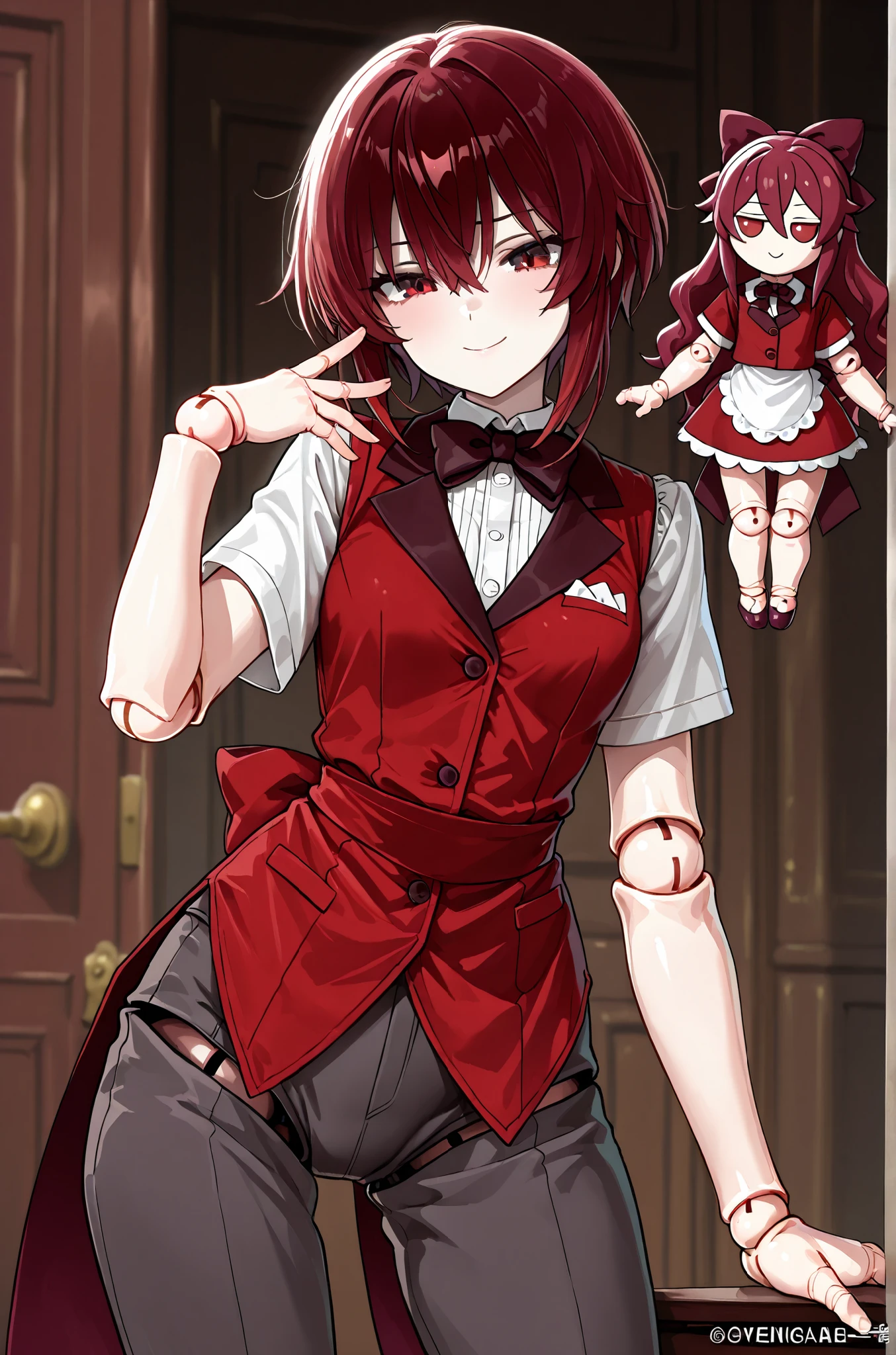 girl doll, Red waiter clothes with bow tie, Dark grey pants, short dark red hair, 1 girl, (one) , doll joints, hips,(kind face), doll joints того же цвета что и одежда.