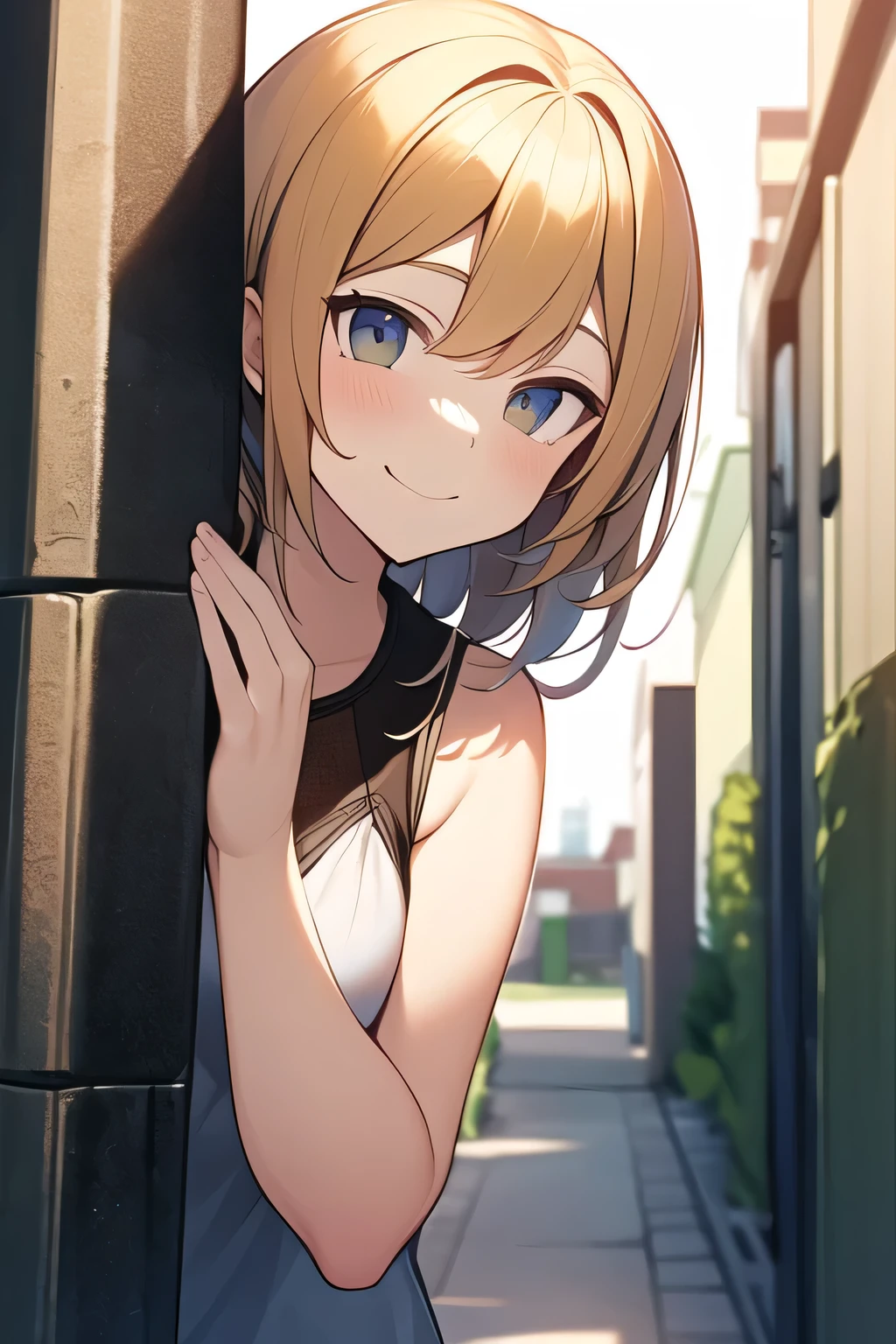 1 girl, 18yo, (flat chest: 1.5), blue eyes, light brown hair, bob cut, early summer outfit, smiling, open mouth, posing, having fun, upper body, simple background, 8k, RAW photo, best quality, masterpiece, extremely detailed 8k wallpaper, ultra-detailed, best shadow, detailed background, beautiful detailed face, beautiful detailed eyes, nice hands, perfect hands