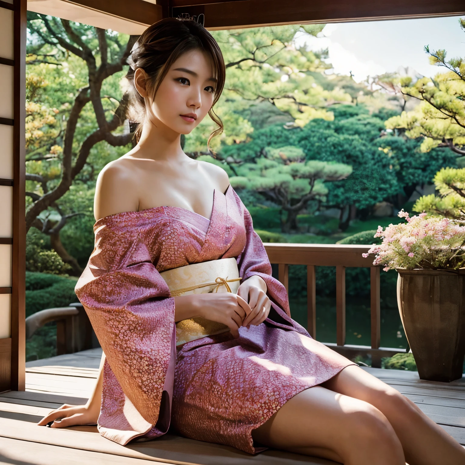 a mature woman, wearing a purple kimono with floral designs, brown hair, long hair, brown eyes, big breasts, exposed breasts, walking outside a wooden house in a forest, trees in the background , with fantasy aesthetics, at night, with fireflies,.UHD, masterpiece, accurate, anatomically correct, textured skin, super detail, high quality, best quality, 8k, high resolution, bokeh effect. (woman alone)