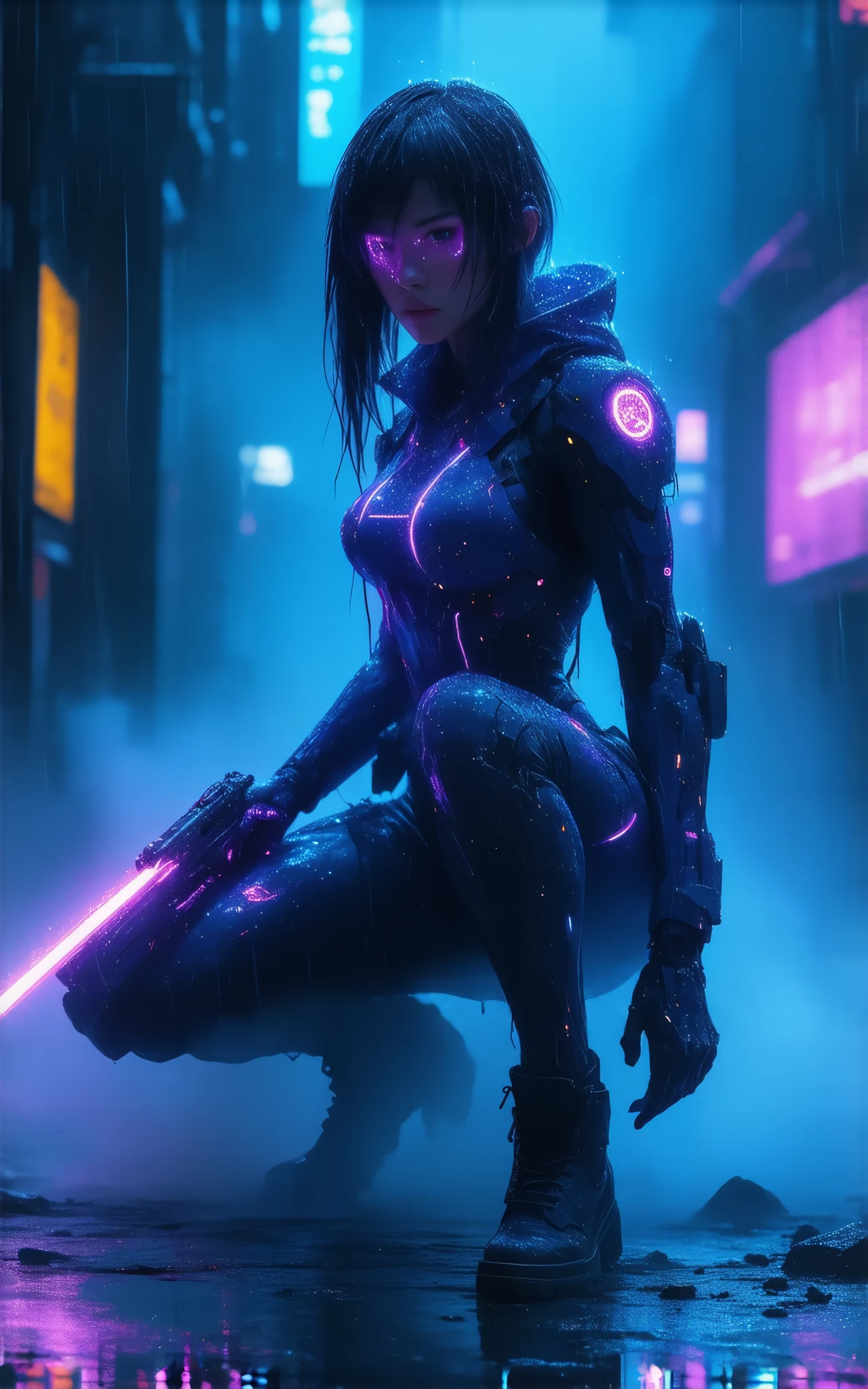 (masterpiece, cyberpunk warfare, 8k resolution, dynamic angle, hyper-detailed, cinematic lighting),
(Kusanagi Motoko:1.5) wearing (neon-lit combat bodysuit:1.3) with (glowing circuitry patterns:1.4),
(neon katana in left hand:1.6), (futuristic pistol with plasma tracer rounds:1.5),
(crouching combat stance on holographic platform:1.4),
(neon-red targeting laser piercing smoke:1.3),
(rain-soaked Neo-Tokyo skyline:1.5) with (floating holographic advertisements:1.3),
(digital glitch effects:1.2), (neon-blue data streams:1.3),
(cybernetic arm revealing machinery:1.4), (neon-purple visor HUD:1.3),
(exploding drone debris:1.2), (sparks from ricocheting bullets:1.3),
(volumetric light beams through smog:1.2),
(cyber-dragon graffiti on crumbling megastructure:1.3),
(neon-green code rain overlay:1.2), (muzzle flash illuminating face:1.4),
(high-tech knee pads with glowing joints:1.3), (combat boots crushing broken neon signs:1.2),
(synthwave color palette:1.4), (hyper-realistic skin texture:1.3),
(dramatic wind-blown hair with light trails:1.2)