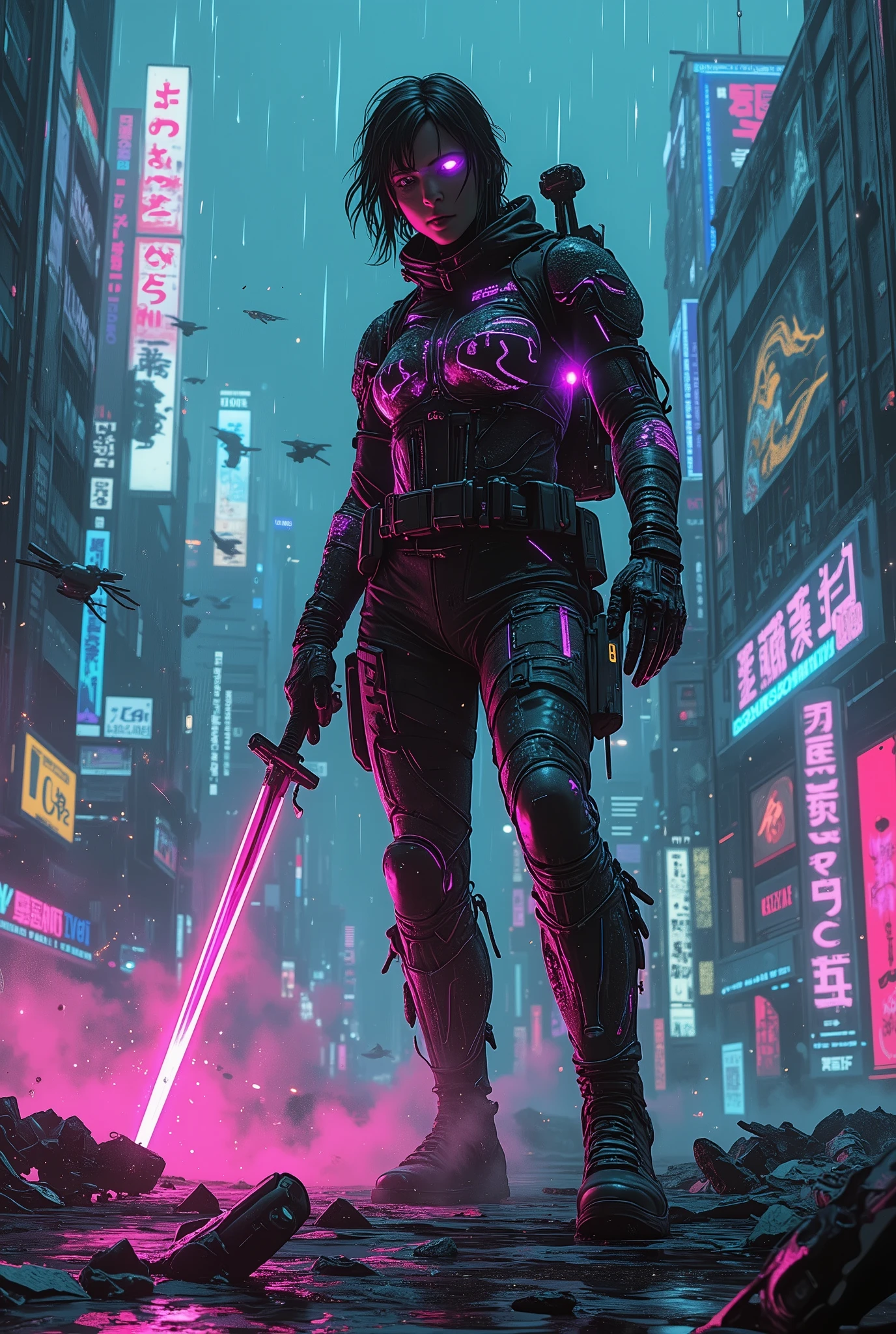 (masterpiece, cyberpunk warfare, 8k resolution, dynamic angle, hyper-detailed, cinematic lighting),
(Kusanagi Motoko:1.5) wearing (neon-lit combat bodysuit:1.3) with (glowing circuitry patterns:1.4),
(neon katana in left hand:1.6), (futuristic pistol with plasma tracer rounds:1.5),
(crouching combat stance on holographic platform:1.4),
(neon-red targeting laser piercing smoke:1.3),
(rain-soaked Neo-Tokyo skyline:1.5) with (floating holographic advertisements:1.3),
(digital glitch effects:1.2), (neon-blue data streams:1.3),
(cybernetic arm revealing machinery:1.4), (neon-purple visor HUD:1.3),
(exploding drone debris:1.2), (sparks from ricocheting bullets:1.3),
(volumetric light beams through smog:1.2),
(cyber-dragon graffiti on crumbling megastructure:1.3),
(neon-green code rain overlay:1.2), (muzzle flash illuminating face:1.4),
(high-tech knee pads with glowing joints:1.3), (combat boots crushing broken neon signs:1.2),
(synthwave color palette:1.4), (hyper-realistic skin texture:1.3),
(dramatic wind-blown hair with light trails:1.2)