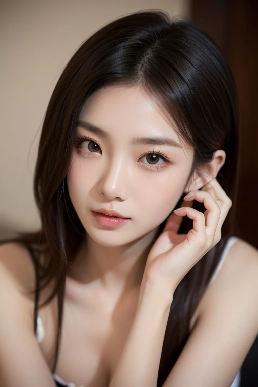 Canon RF85mmf/1.2,masterpiece,Highest quality,Ultra-high resolution,1 girl,(Korean mixed race,K-Pop Idols:1.2),alone,white_Shiny_skin,black eye,necklace,((brown_length_Wavy_hair)),((pink_Shiny_lips)),eyelash,前hair,deal with,Compensate,Shiny,pore,skin texture,Photographed inside the cafe,Inside a stylish cafe